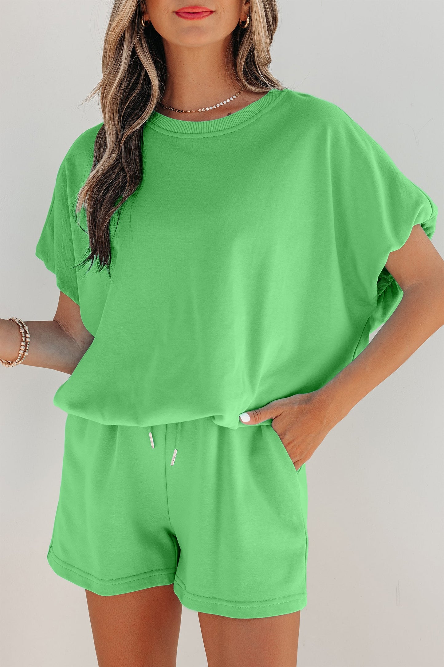 Green Puffy Loose Top and Shorts Set