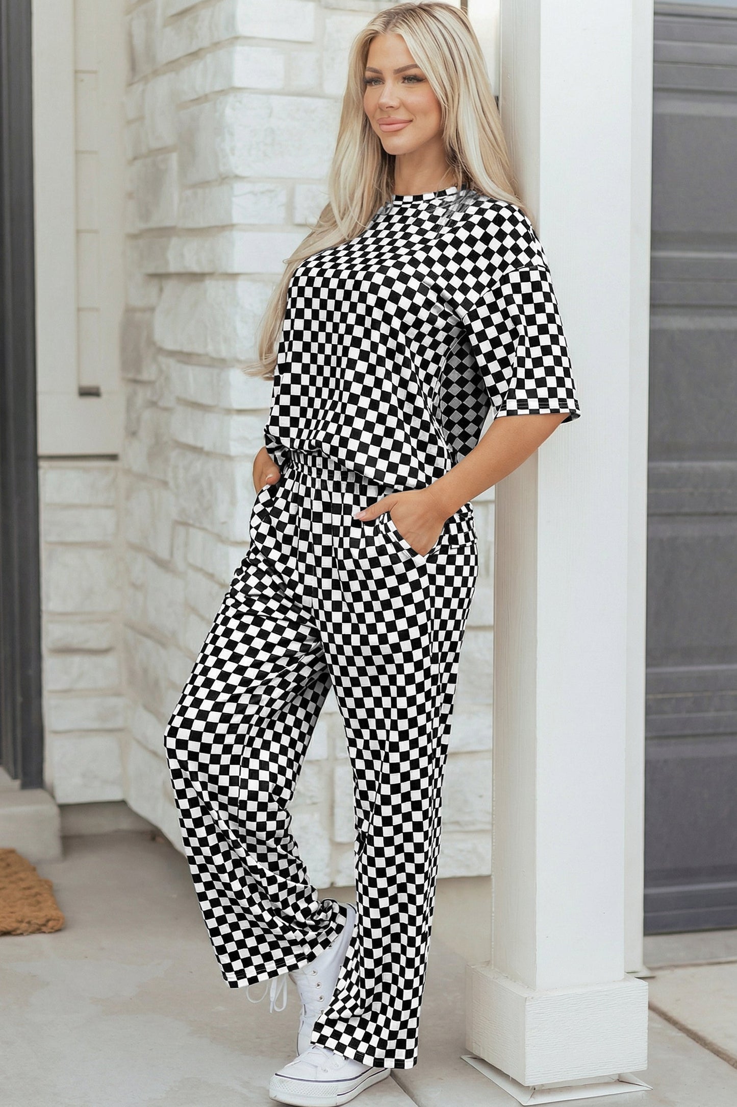 Black Checkered Print Lounge Pant Set