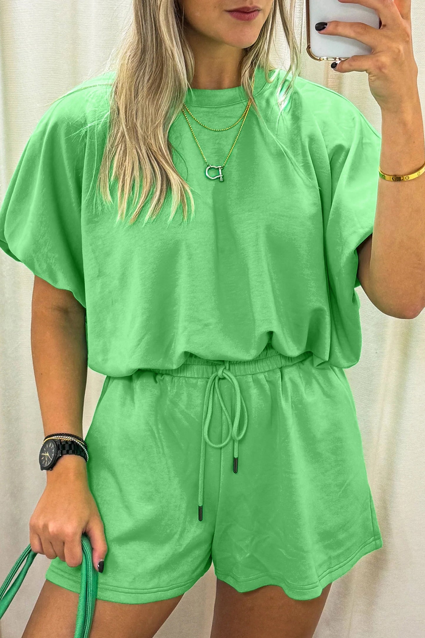 Green Puffy Loose Top and Shorts Set