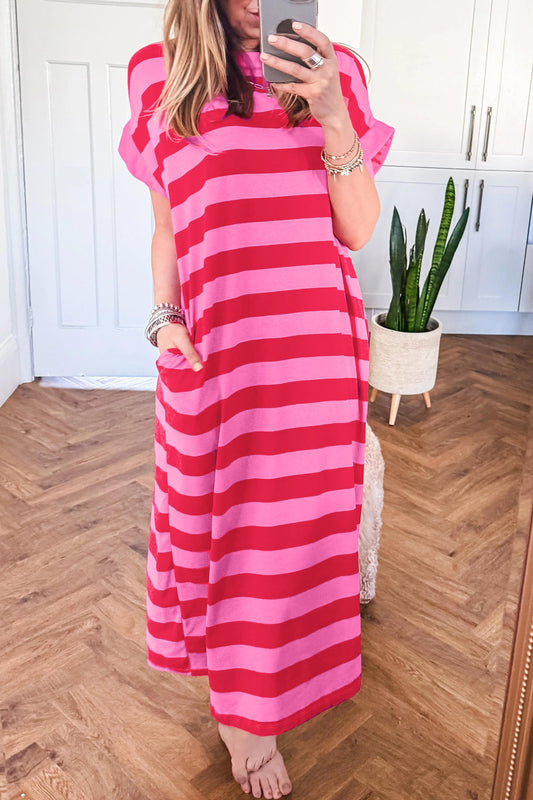 Stripe Cuffed Short Sleeve Pocketed Casual T Shirt Long Dress