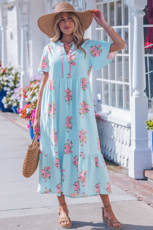 Flutter Short Sleeve Floral Print Maxi Dress