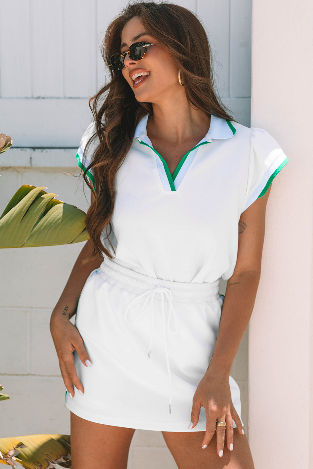 Colorblock Edge Cap Sleeve Collared Top 2 Piece Skirt Set