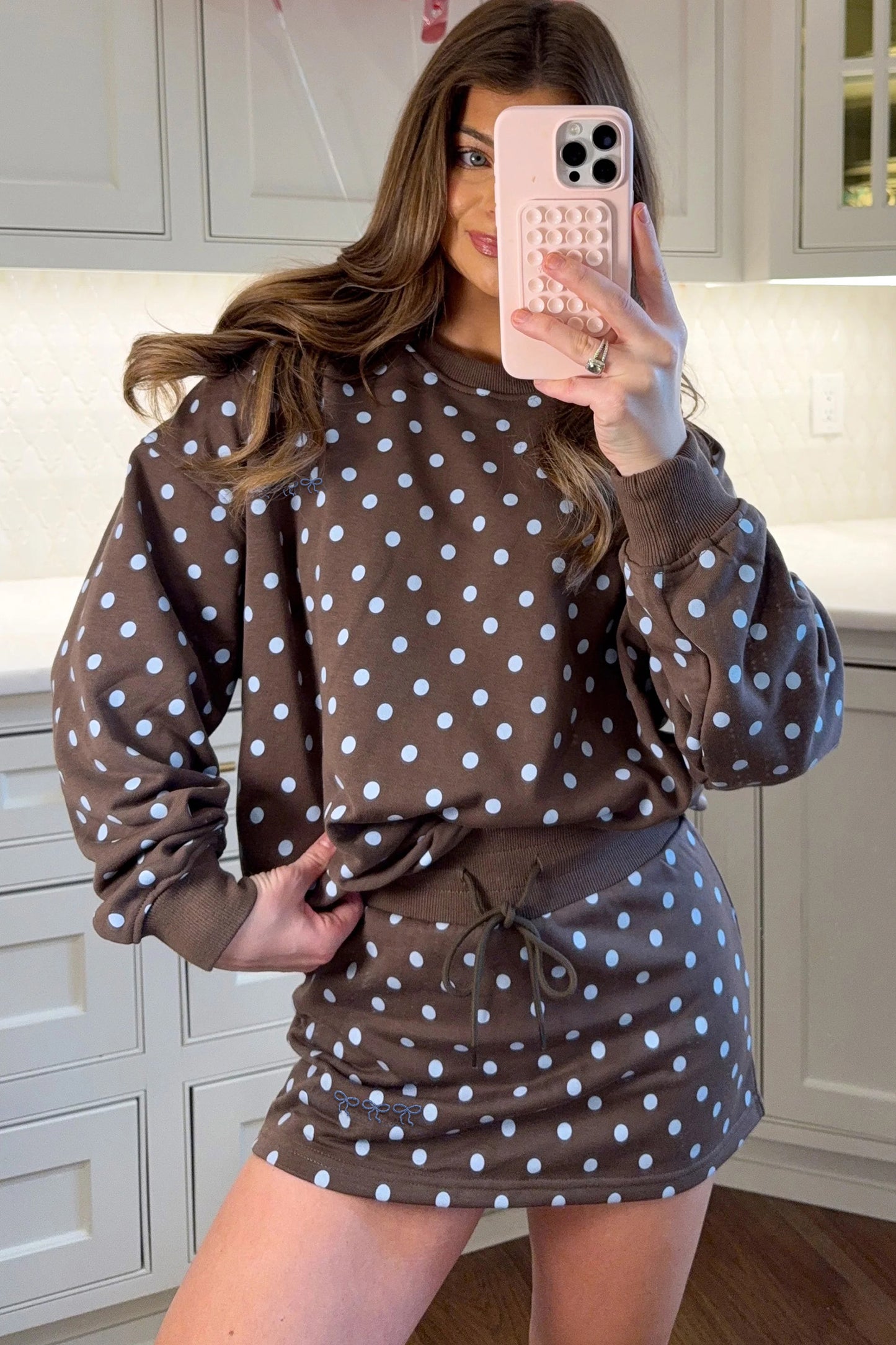 Polka Dot Embroidered Bow Detail Skort Set