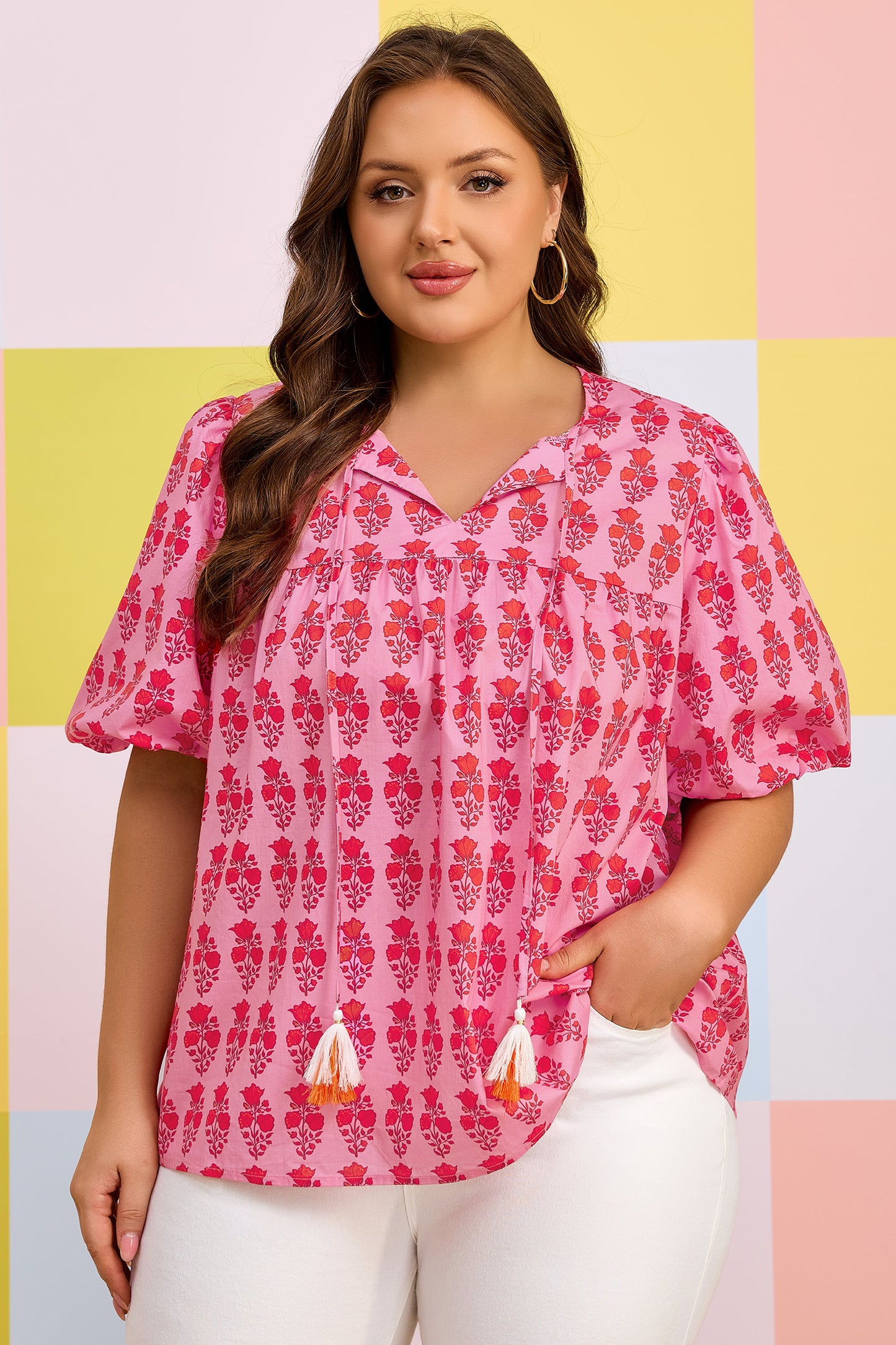 Floral Print Tassel Tie Puff Sleeve Blouse