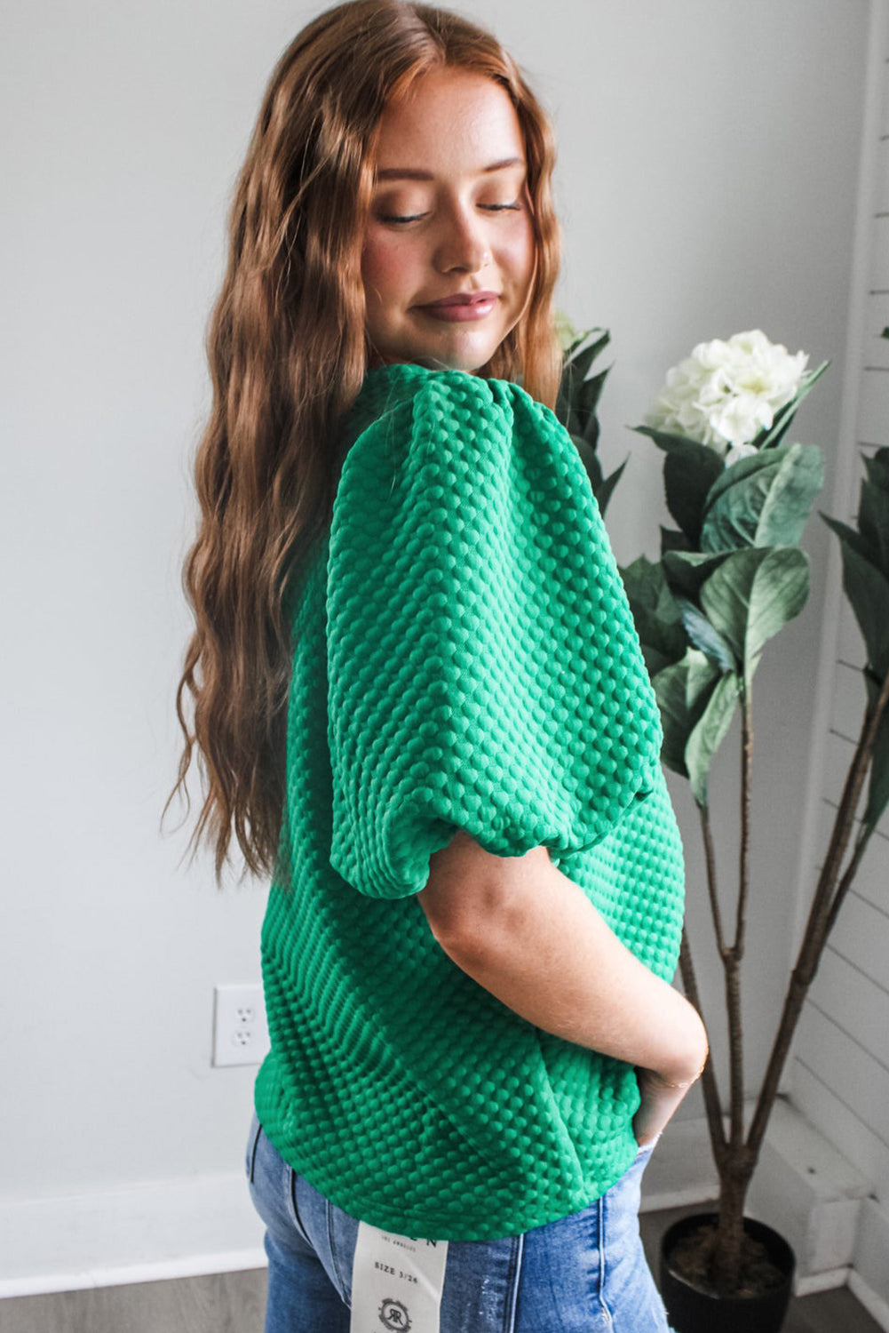 Sea Green Textured Puff Sleeve Blouse