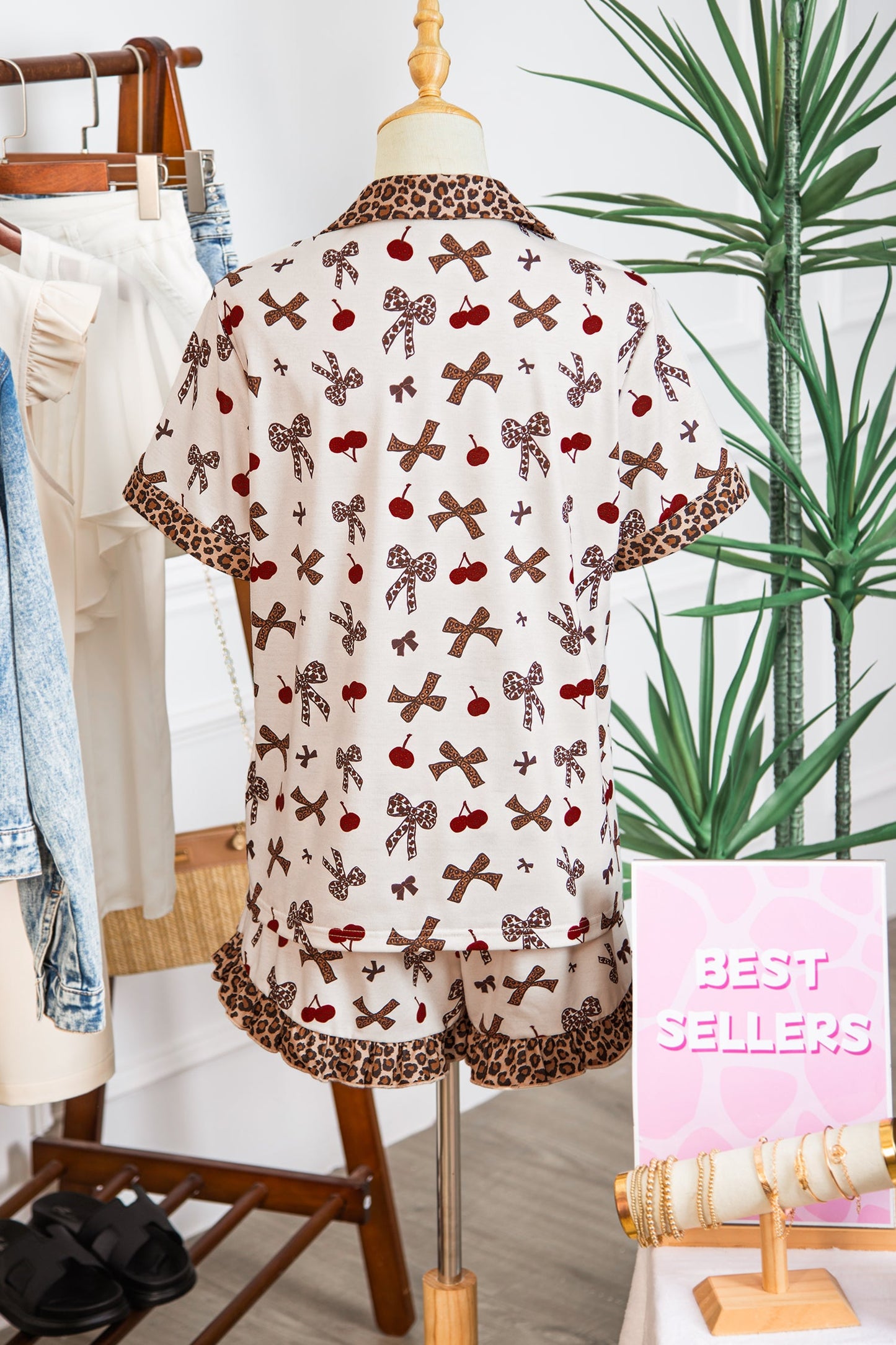 Cherry Printed Leopard Contrast  PJ Set