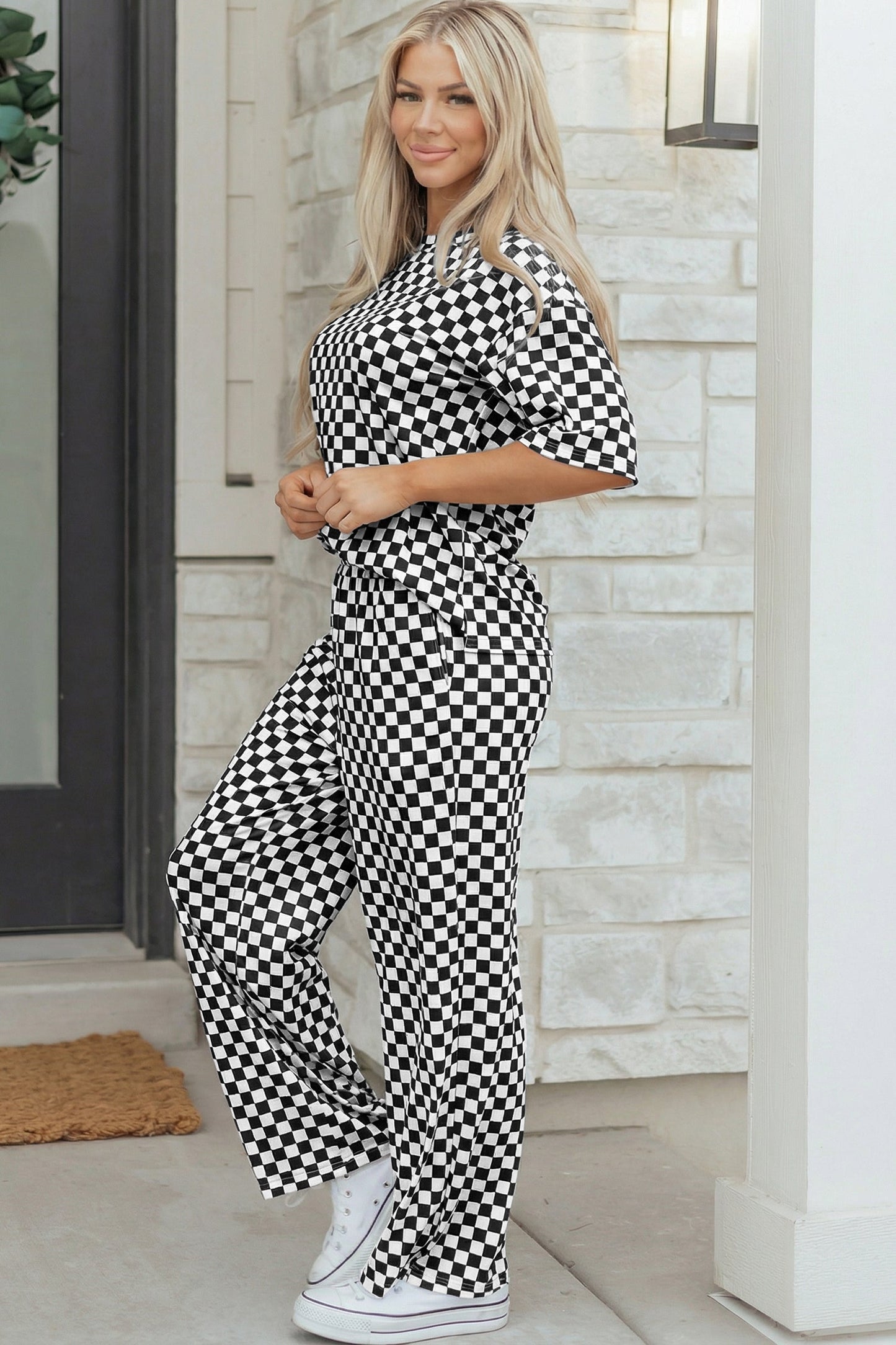 Black Checkered Print Lounge Pant Set