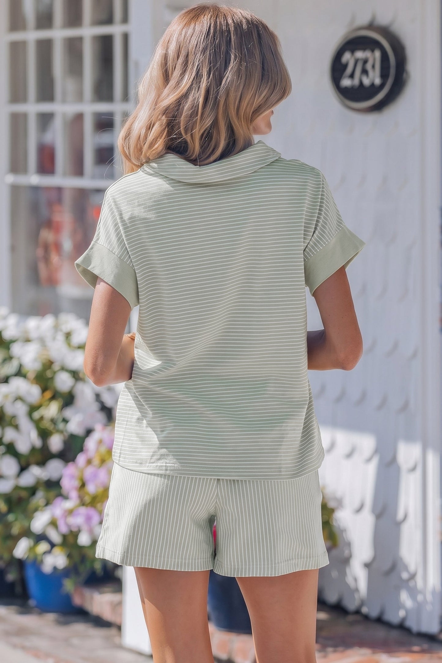 Khaki Stripe Dolman Sleeve Polo Shirt and Drawstring Shorts Set