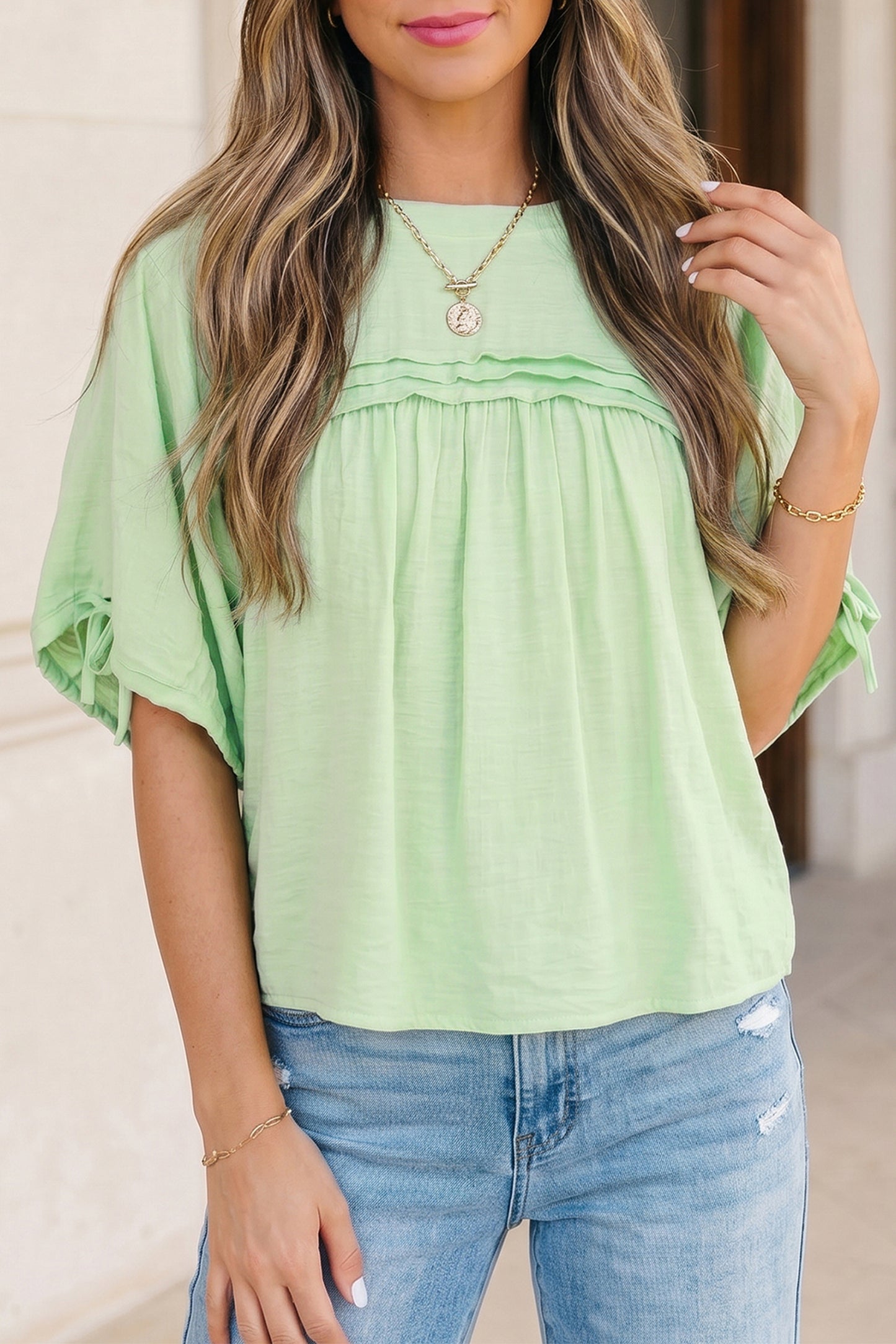 Tie Half Sleeve Pleated Detail Babydoll Blouse