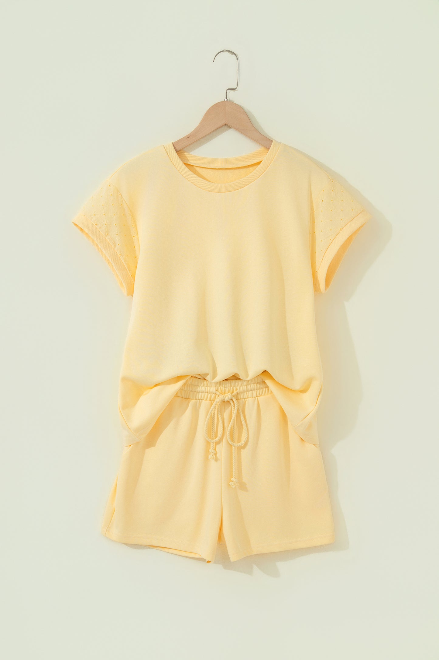 Yellow Eyelet Lace Patchwork Sleeve Short Set