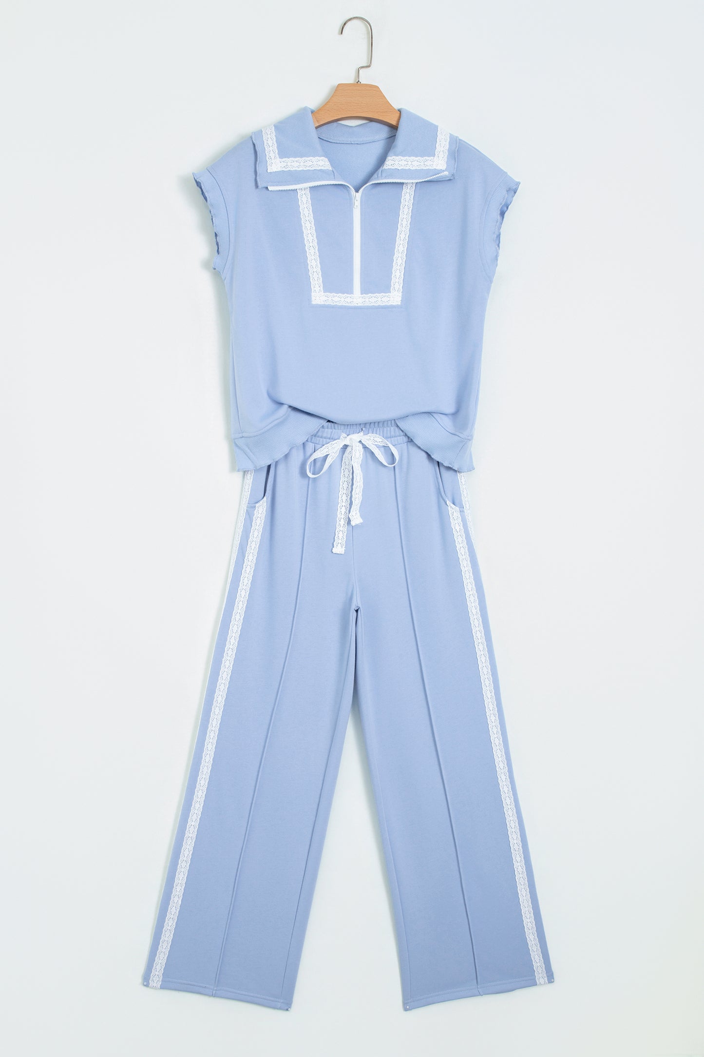 Sky Blue Lace Accent Zipped Collar Sweatpants Set