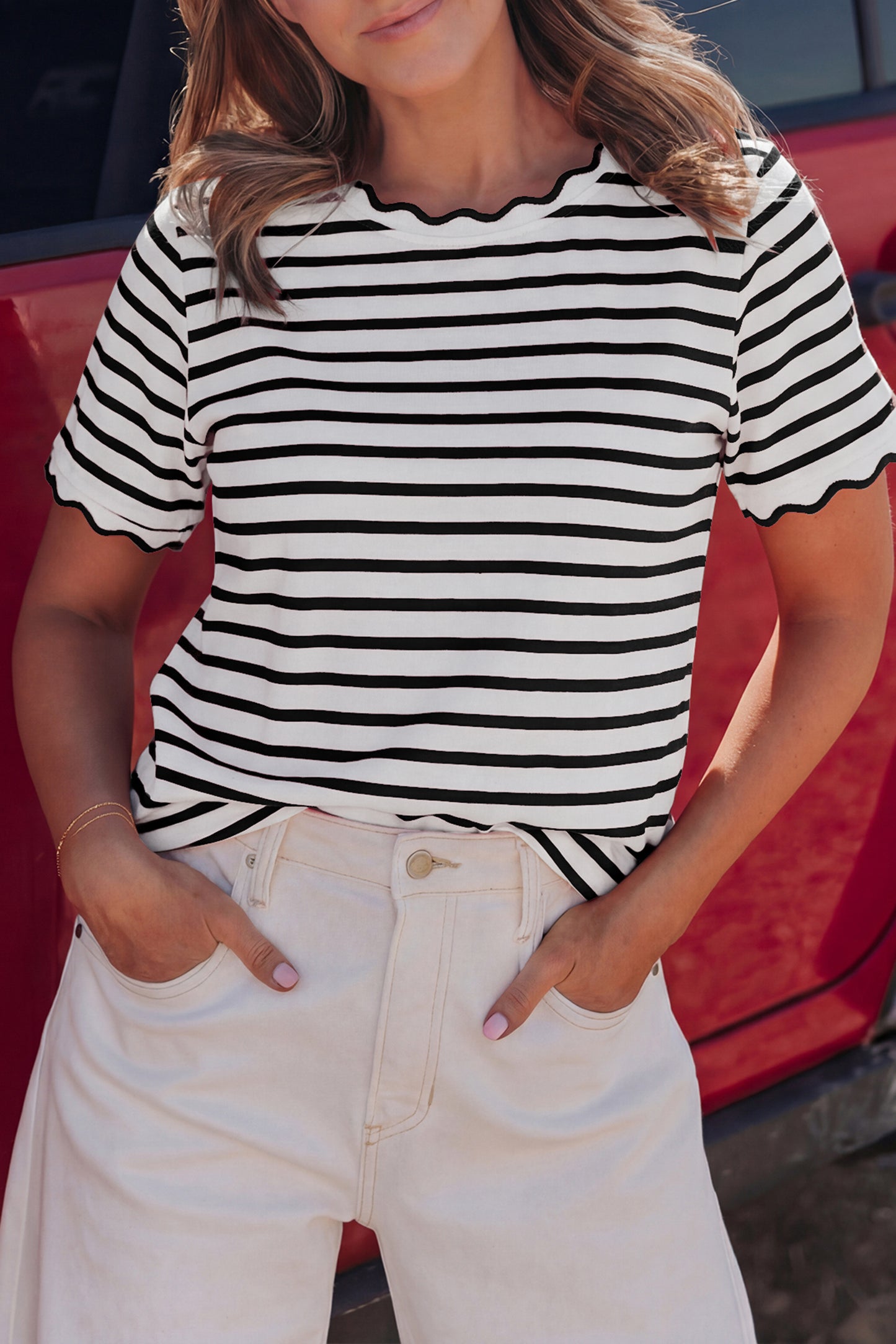 Pink Stripe Scalloped Trim Round Neck T Shirt