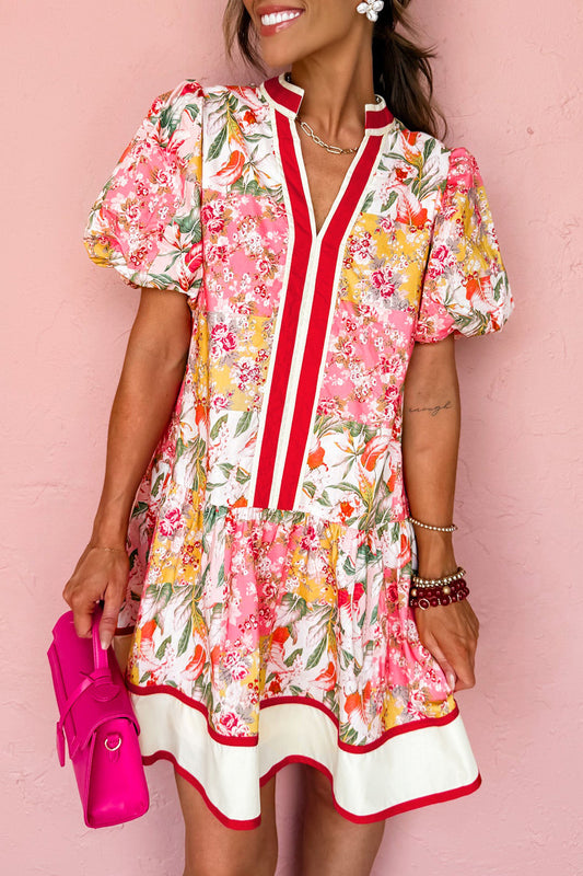 Pink Color Block Floral Print Contrast Trim V Neck Ruffle Hem Mini Dress