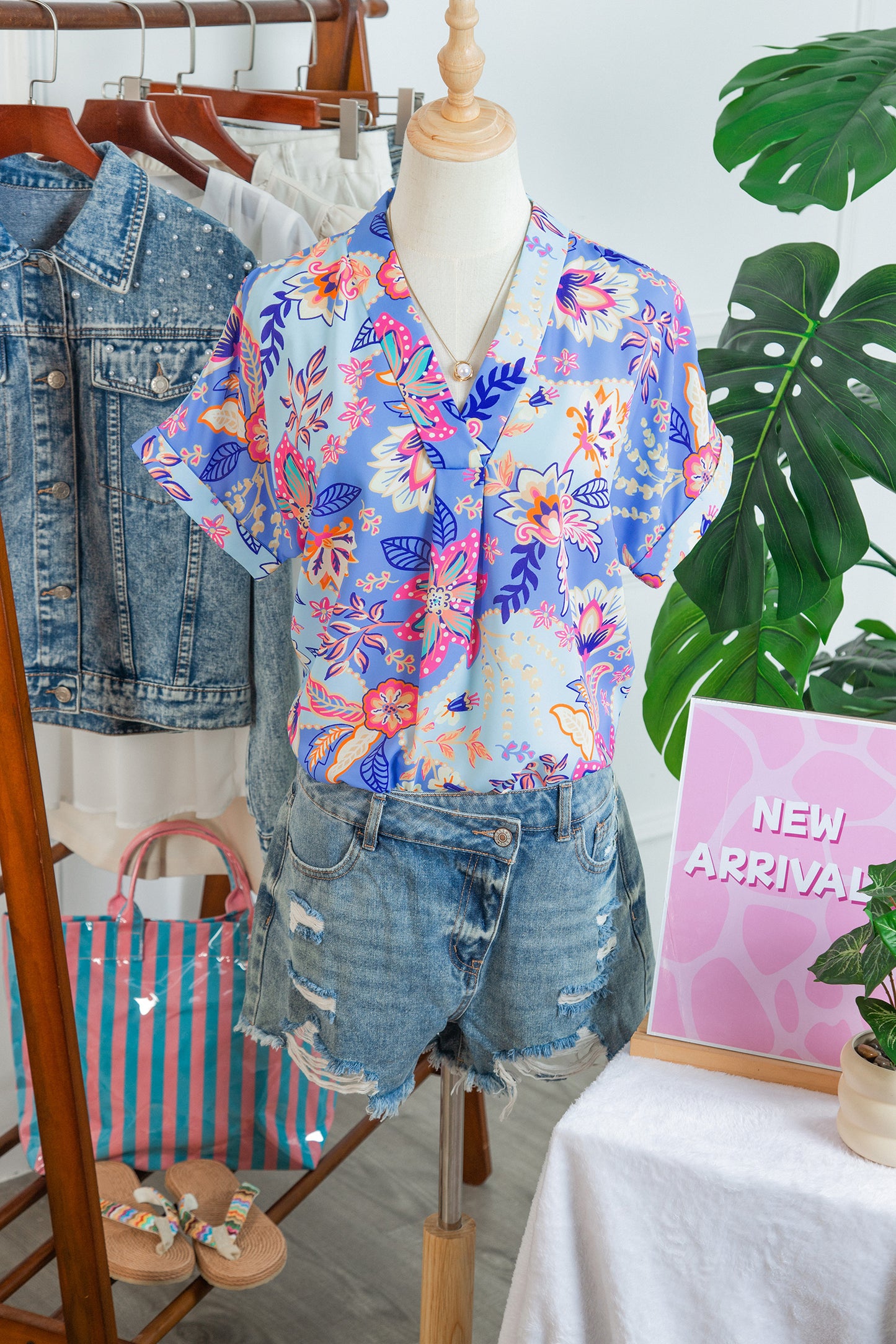 Floral Print V Neck Short Sleeve Blouse