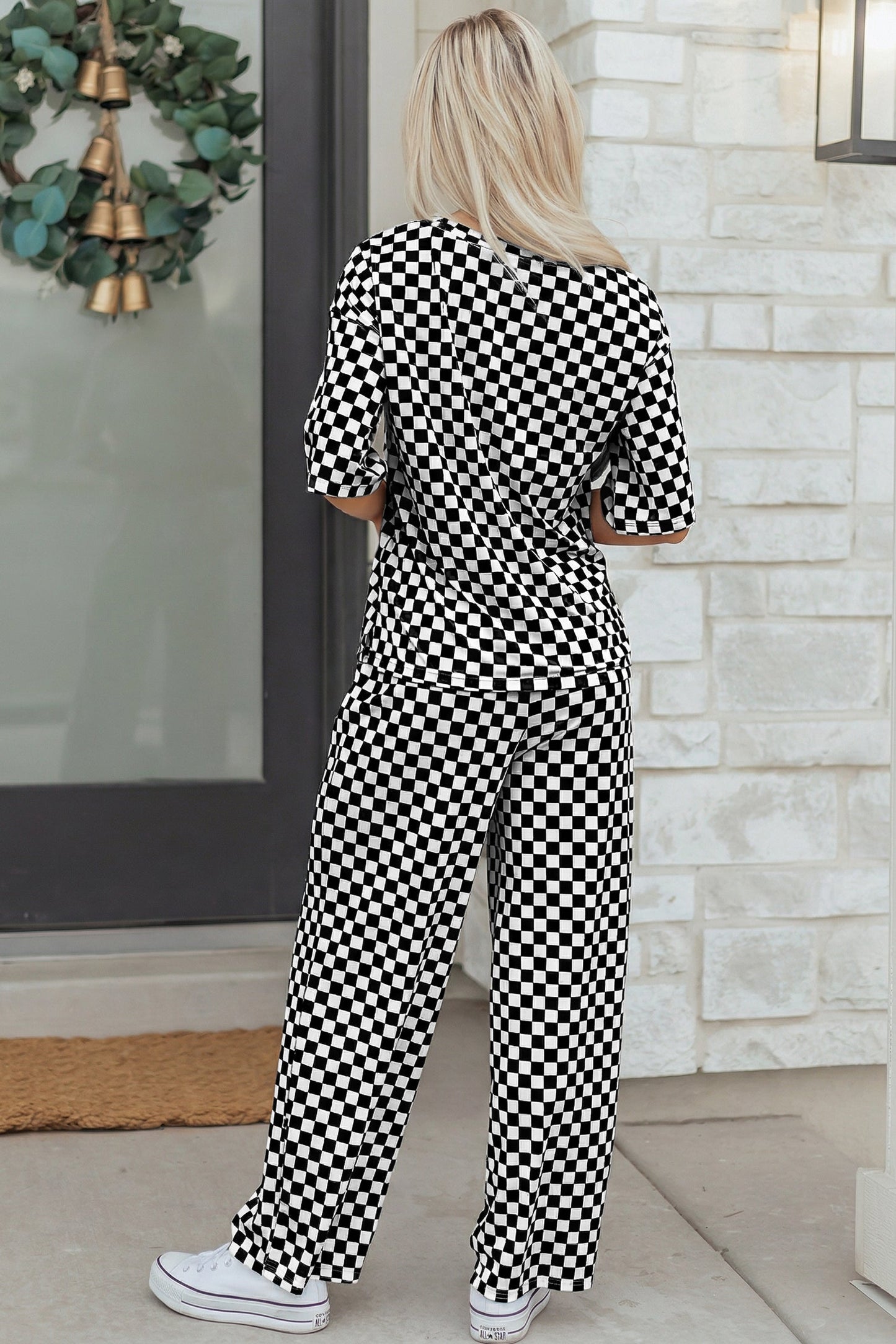 Black Checkered Print Lounge Pant Set