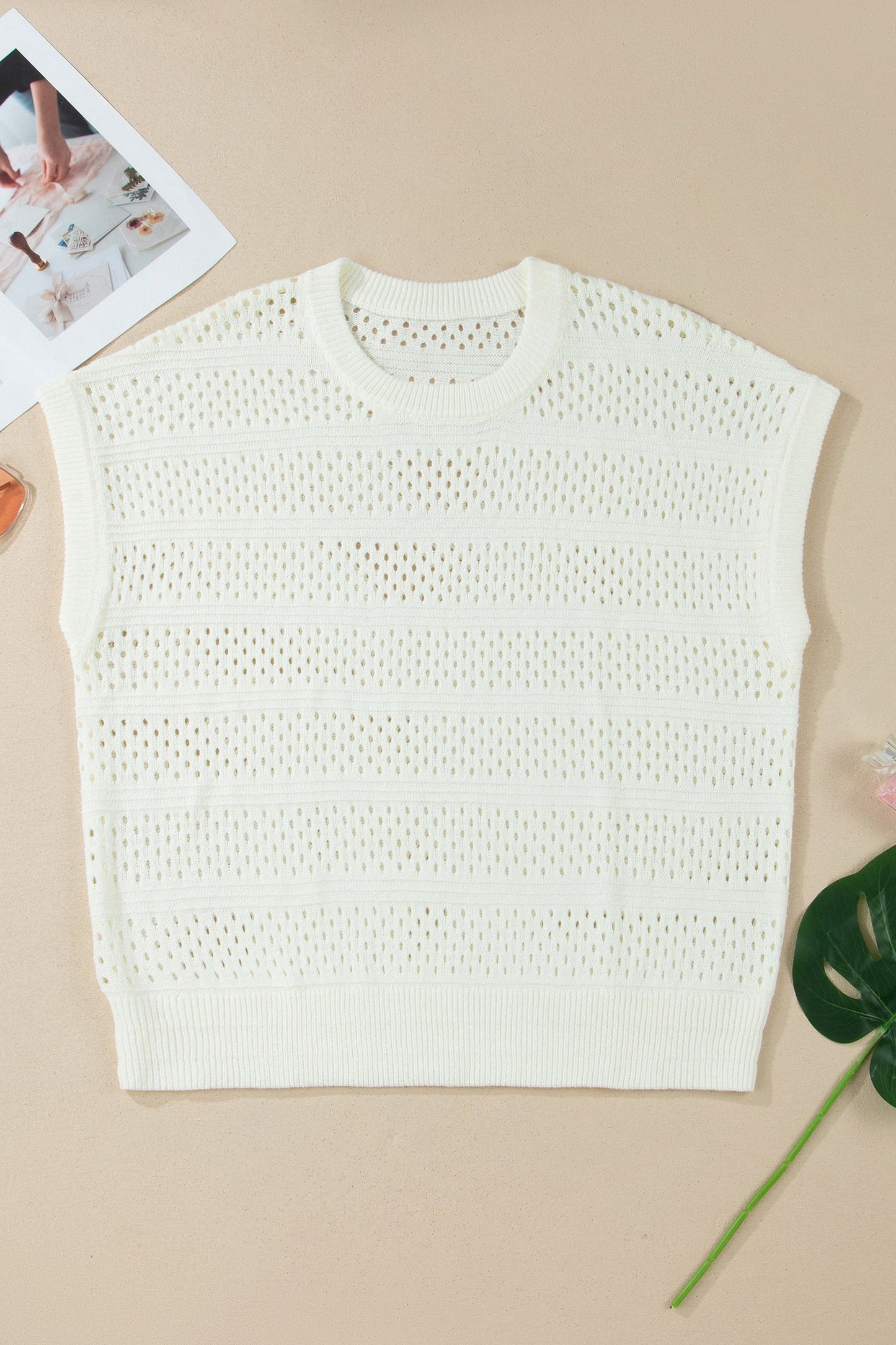 Eyelet Ribbed Trim Short Sleeve Dolman Sweater