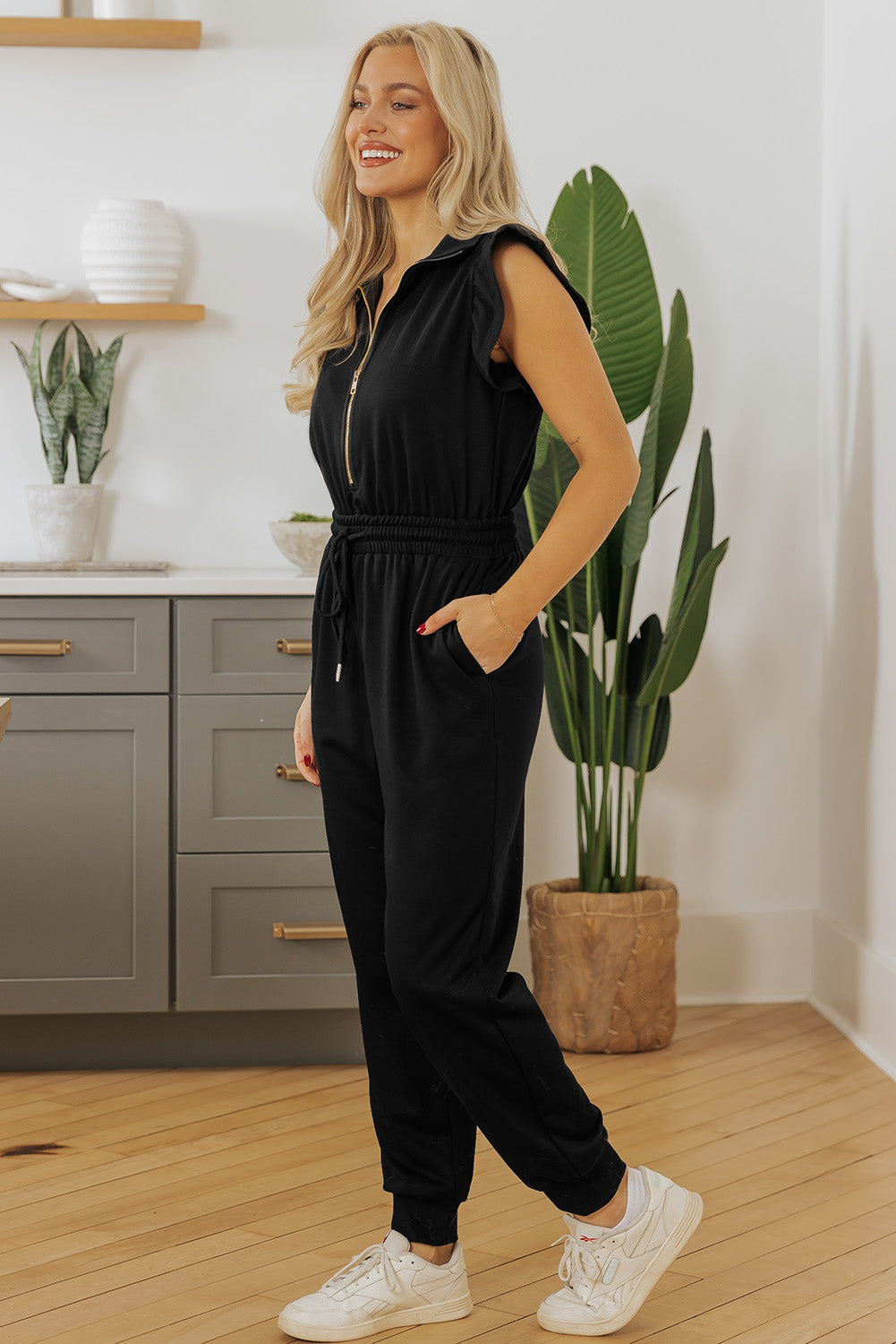 Black Zipper Flutter Sleeve Elastic Waistband Jumpsuit