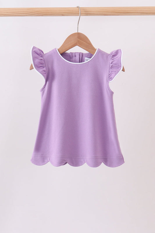 purple flutter sleeve scalloped top
