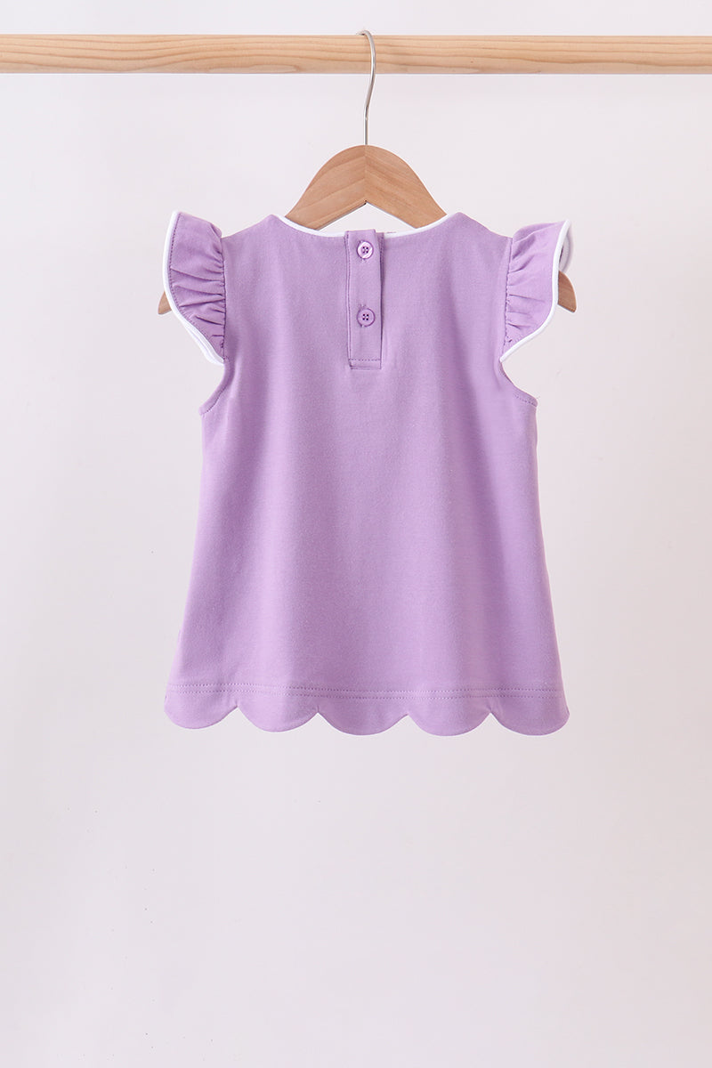 purple flutter sleeve scalloped top