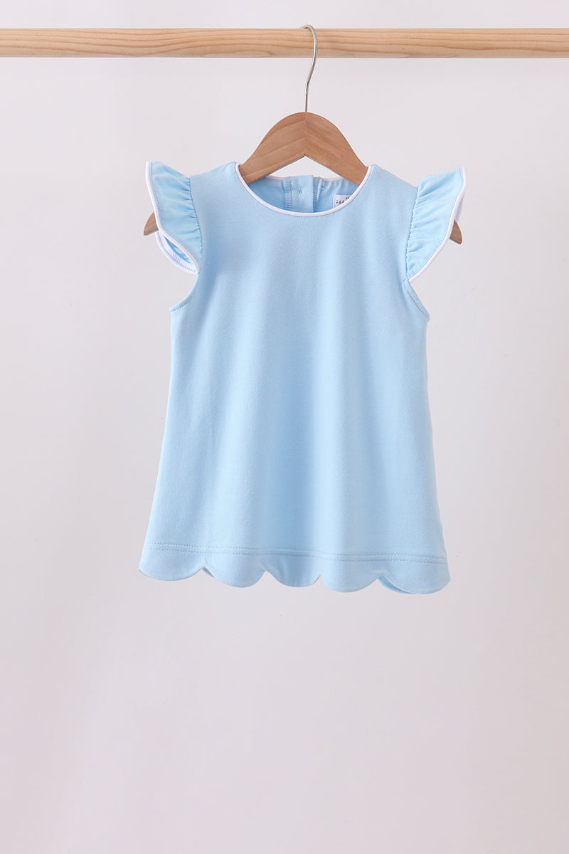 light blue flutter sleeve scalloped top