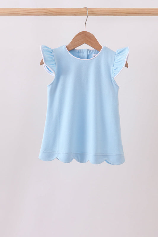 light blue flutter sleeve scalloped top