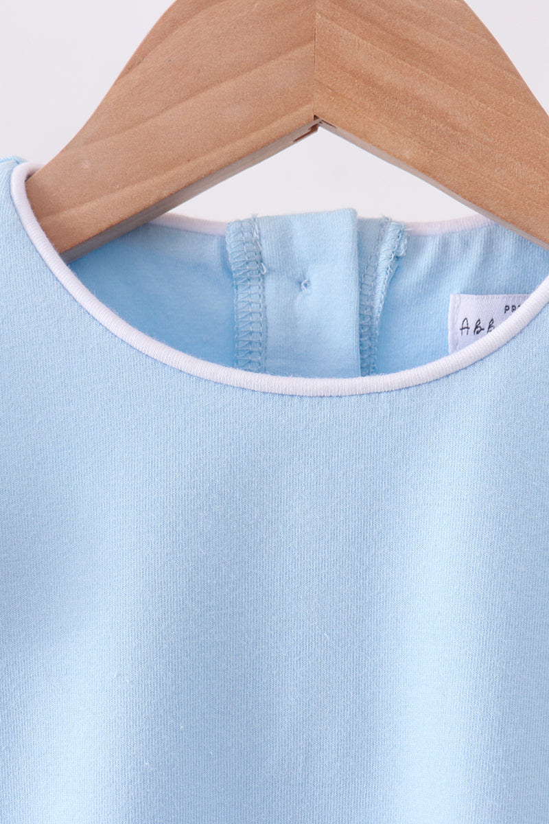 light blue flutter sleeve scalloped top