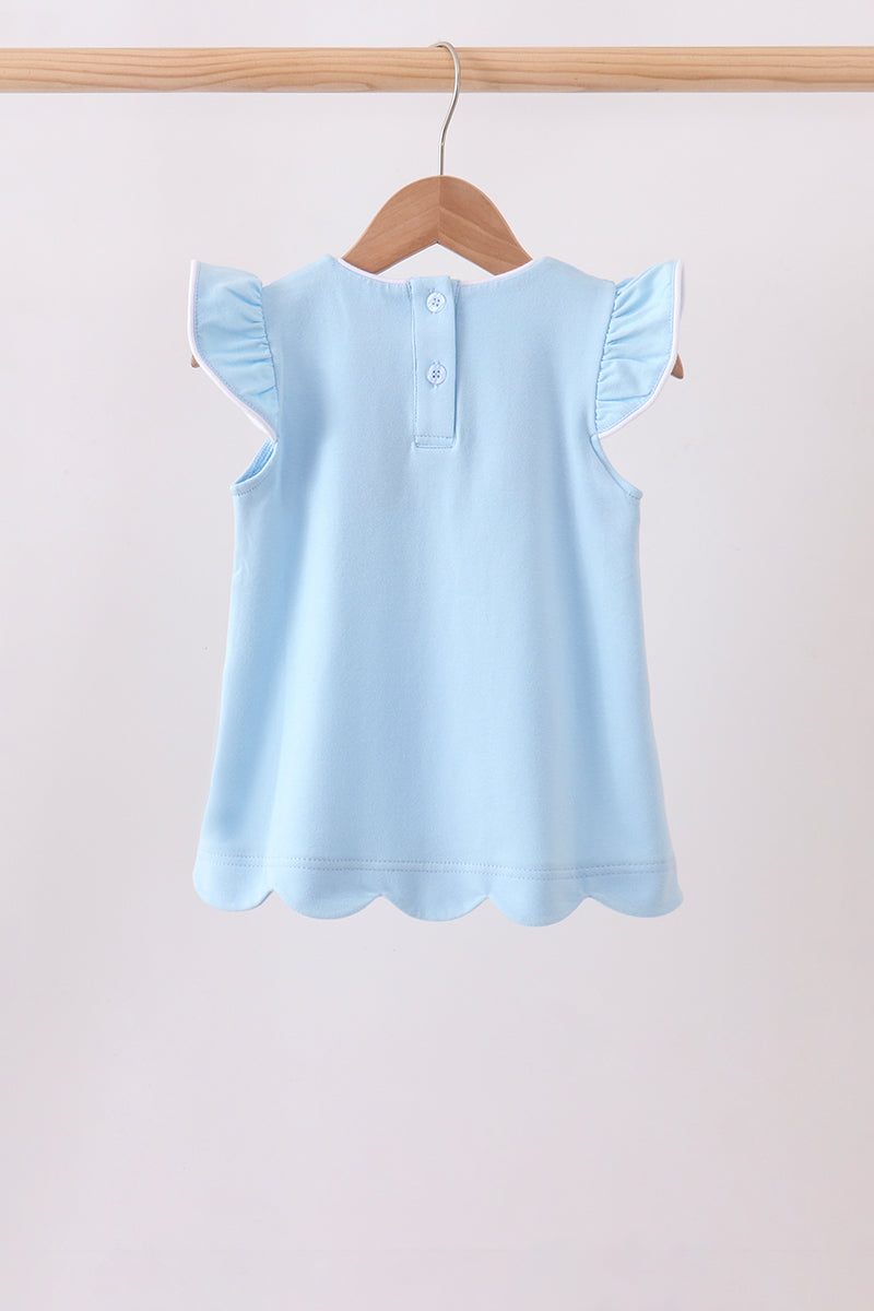 light blue flutter sleeve scalloped top
