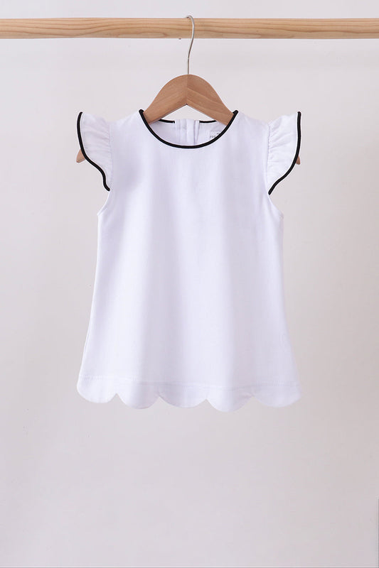 white flutter sleeve scalloped top