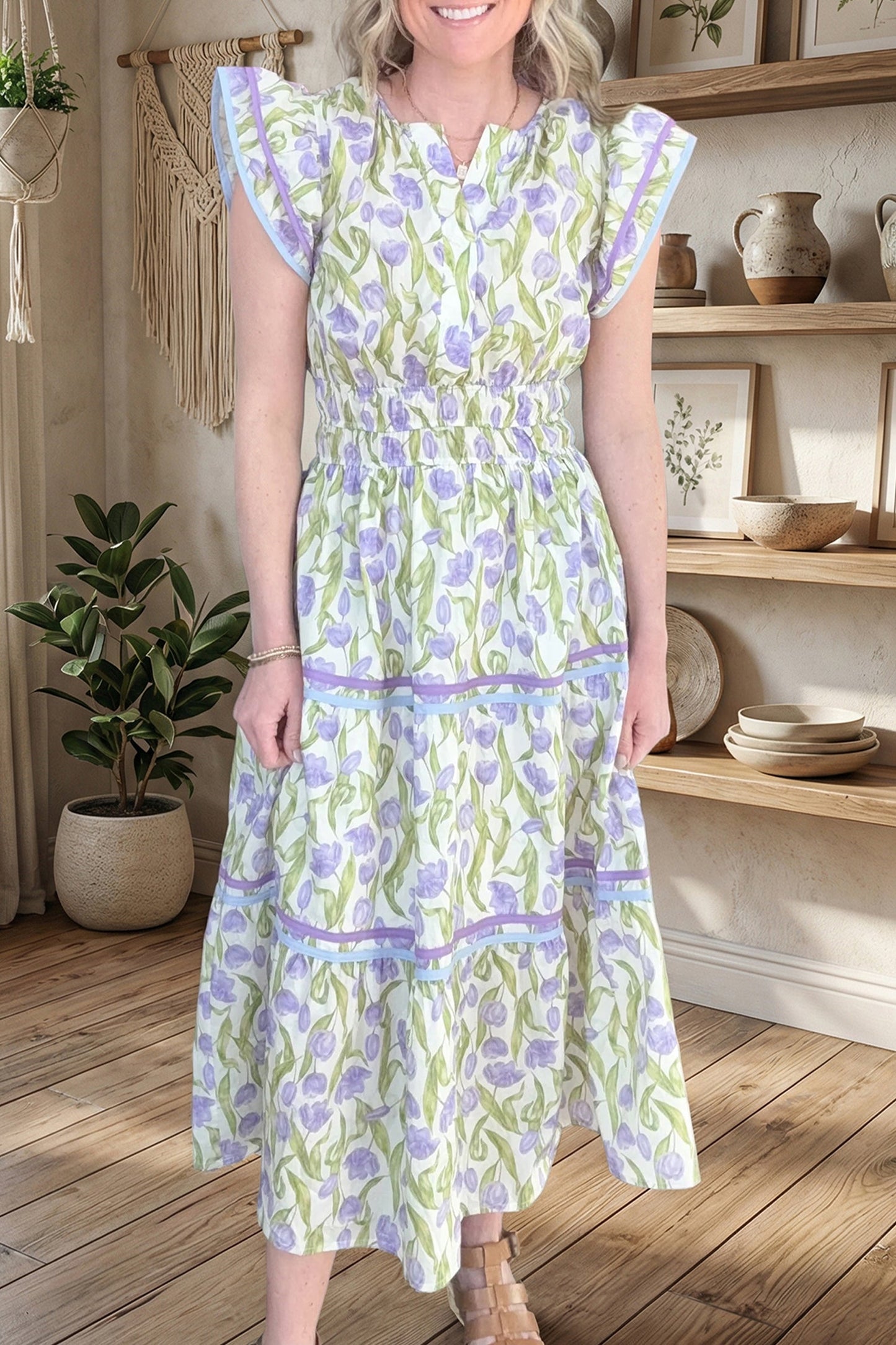 Purple Tulip Floral Print Contrast Trim Midi Dress