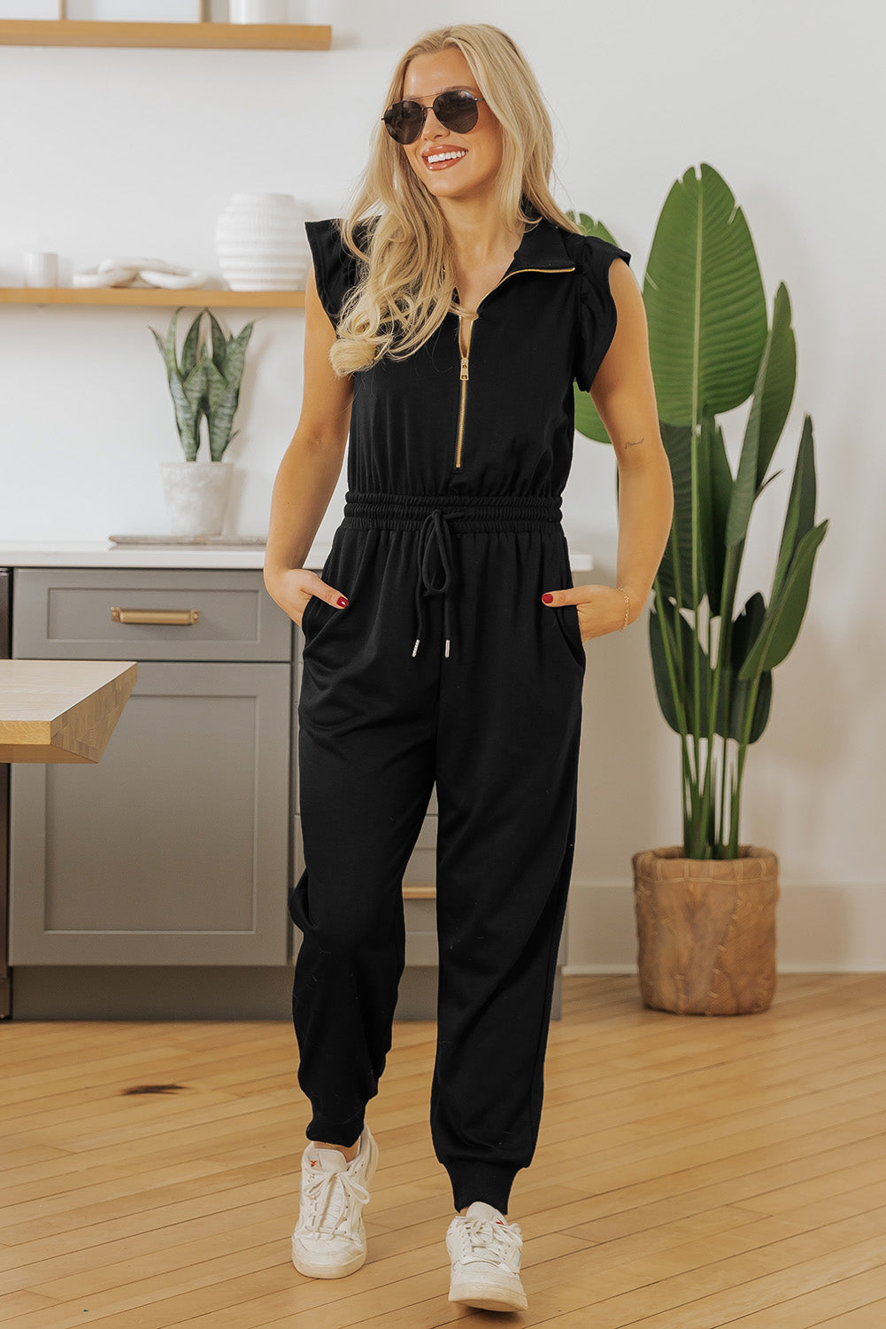 Black Zipper Flutter Sleeve Elastic Waistband Jumpsuit