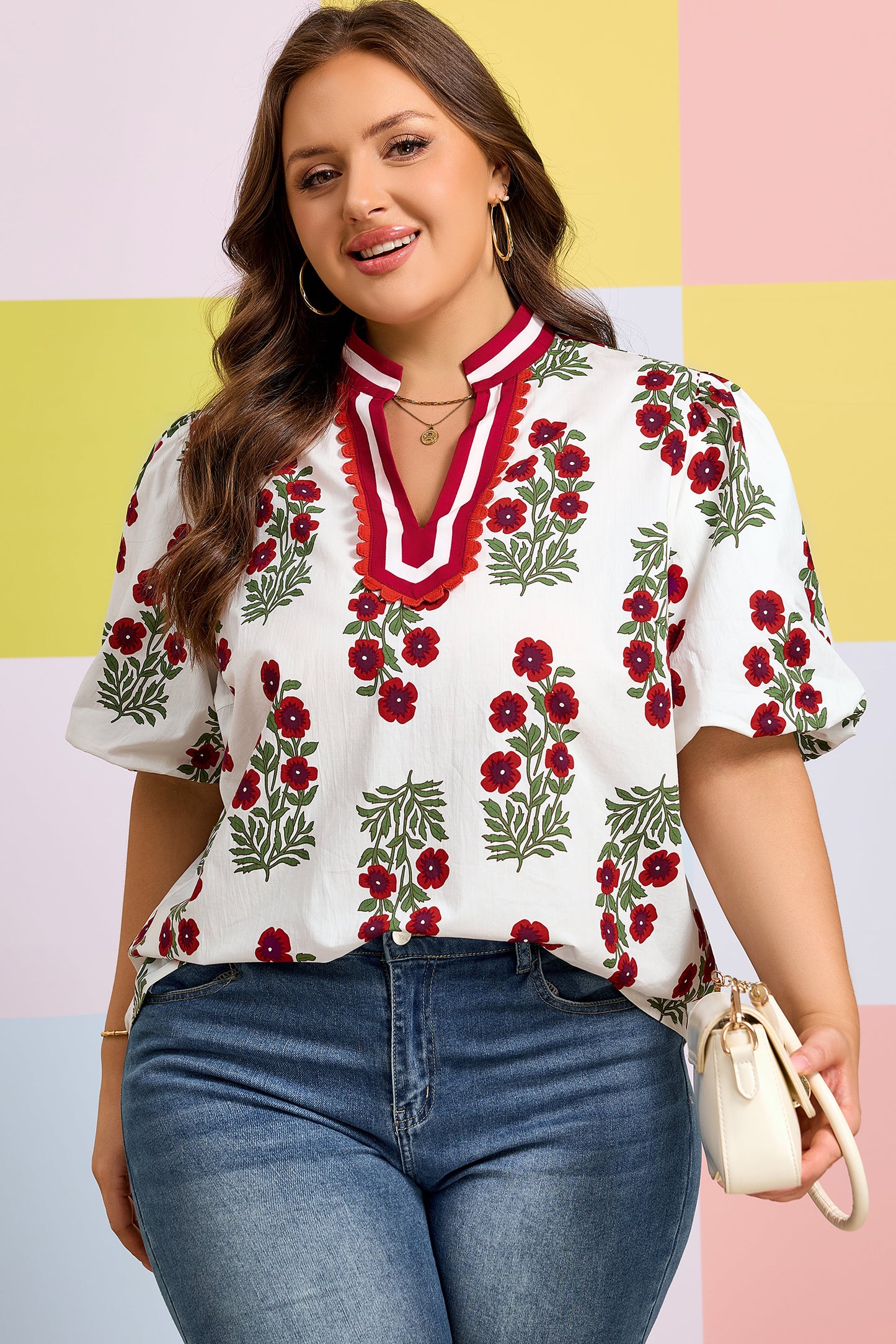 Floral Print Ricrac Trim Blouse