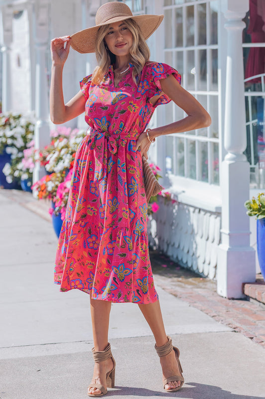 Rose Flutter Sleeve Belted Floral Dress