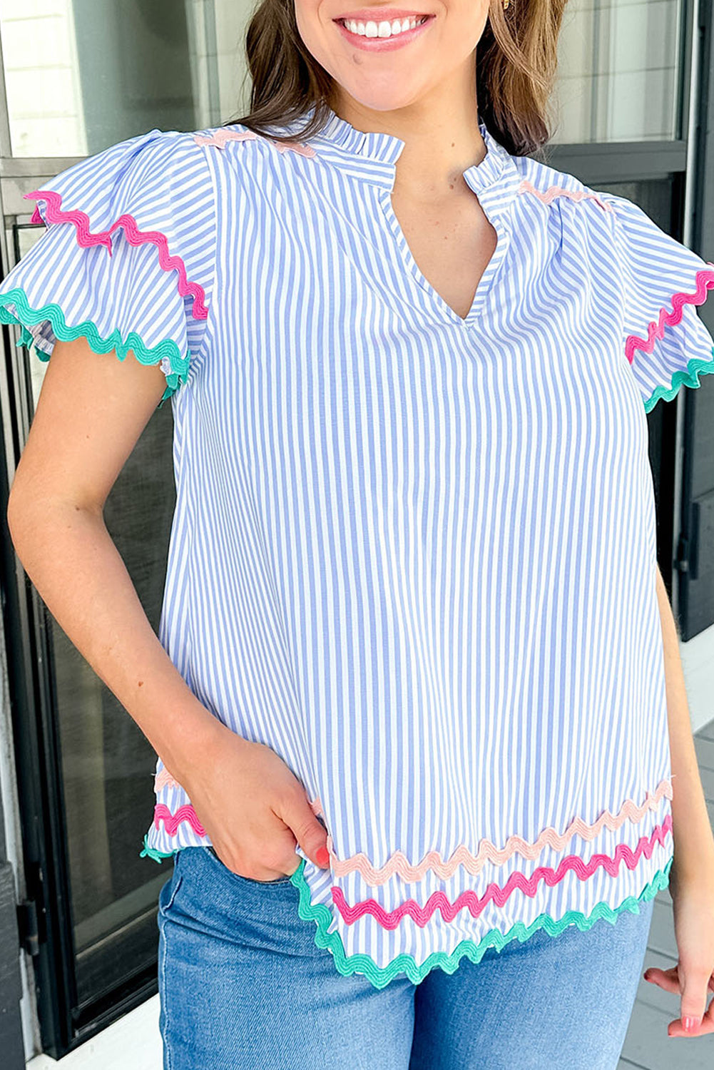 Stripe Ricrac Trim Split Neck Striped Ruffled Sleeve Blouse