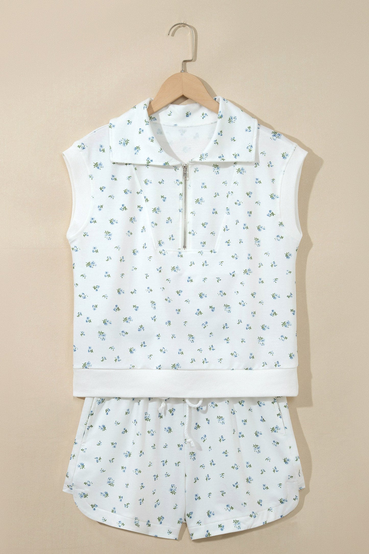 White Floral Print Half Zip Top Matching Short Set