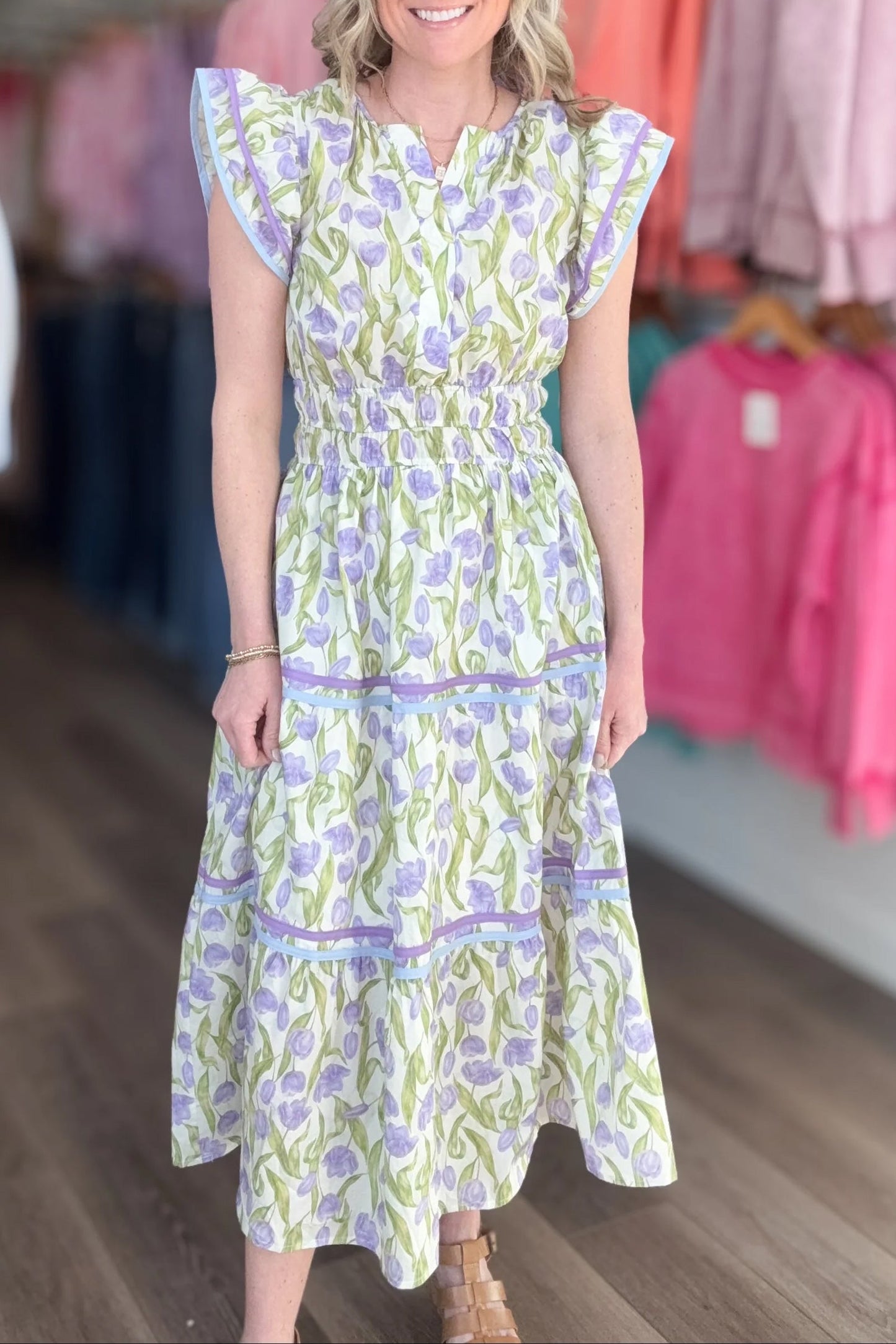 Purple Tulip Floral Print Contrast Trim Midi Dress