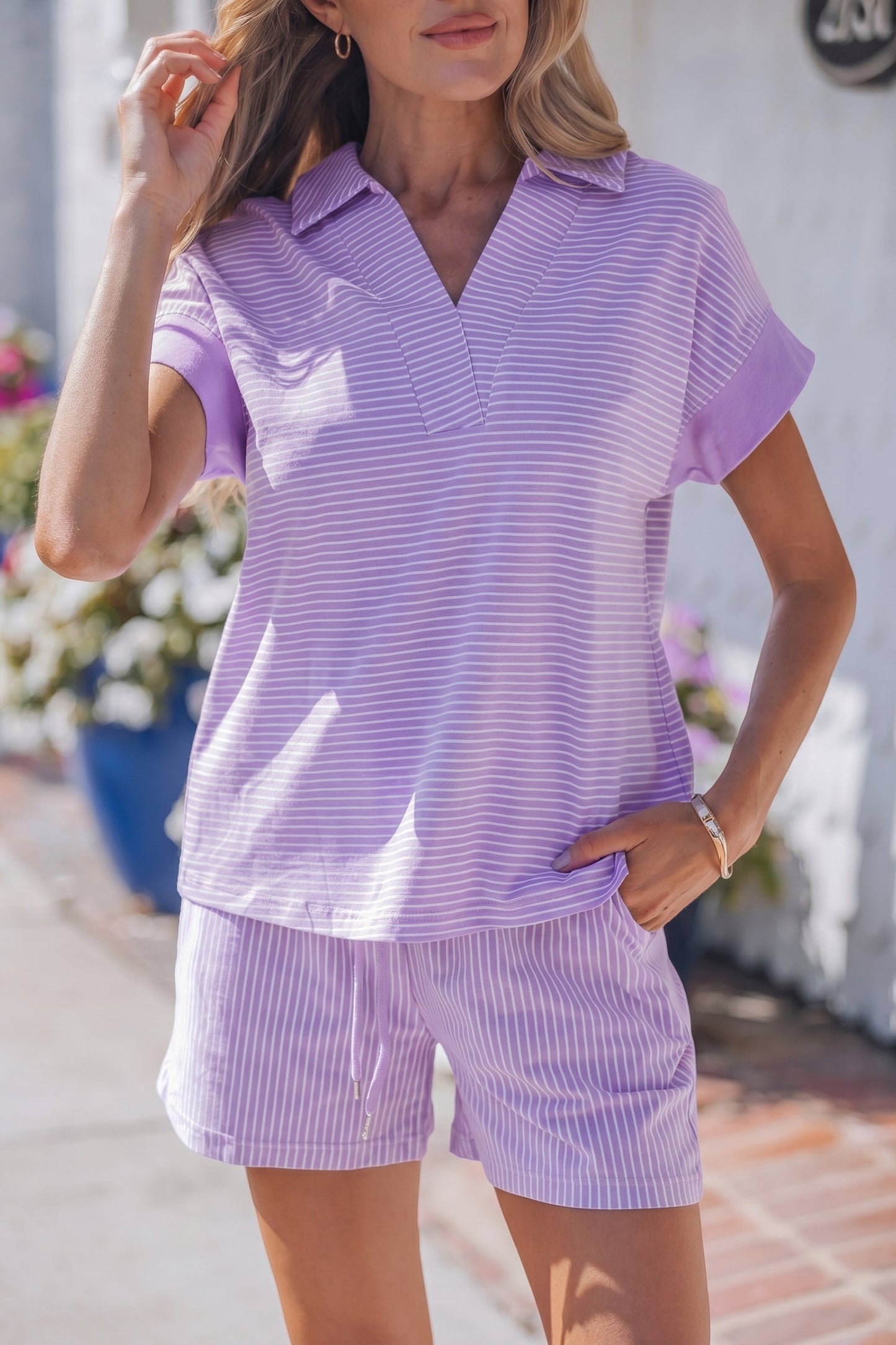Purple Stripe Dolman Sleeve Polo Shirt and Drawstring Shorts Set