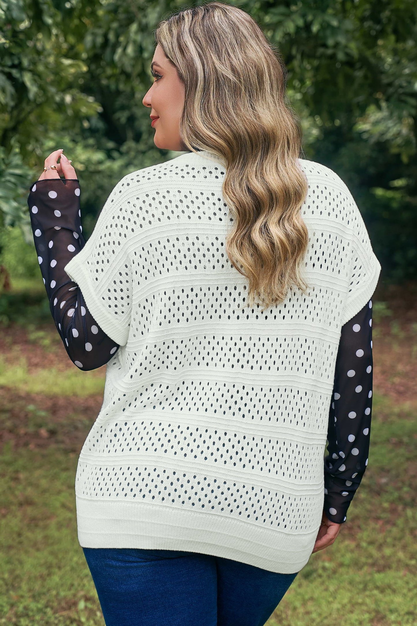 Eyelet Ribbed Trim Short Sleeve Dolman Sweater