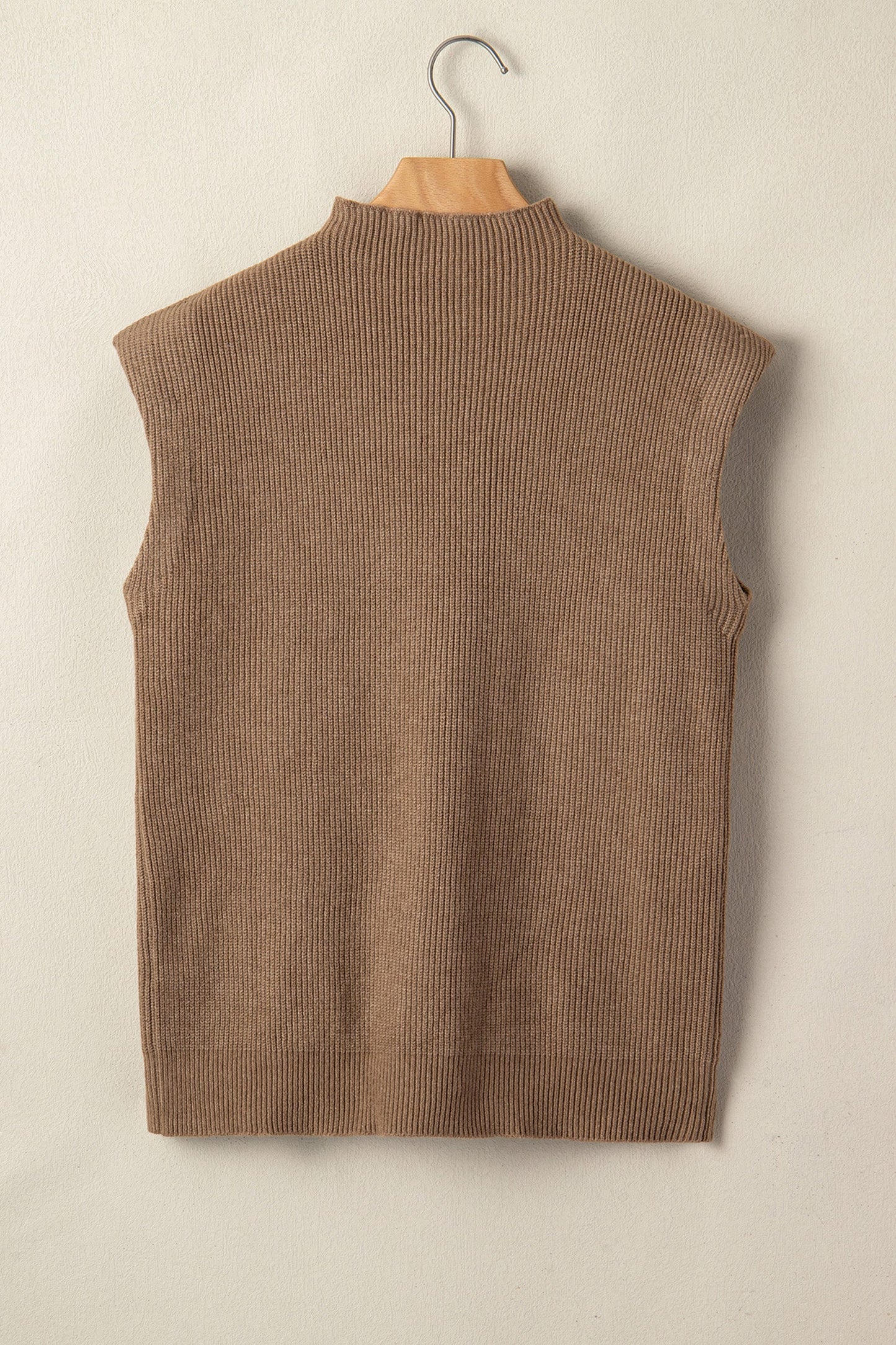 Beige Ribbed Knit Mock Neck Sweater
