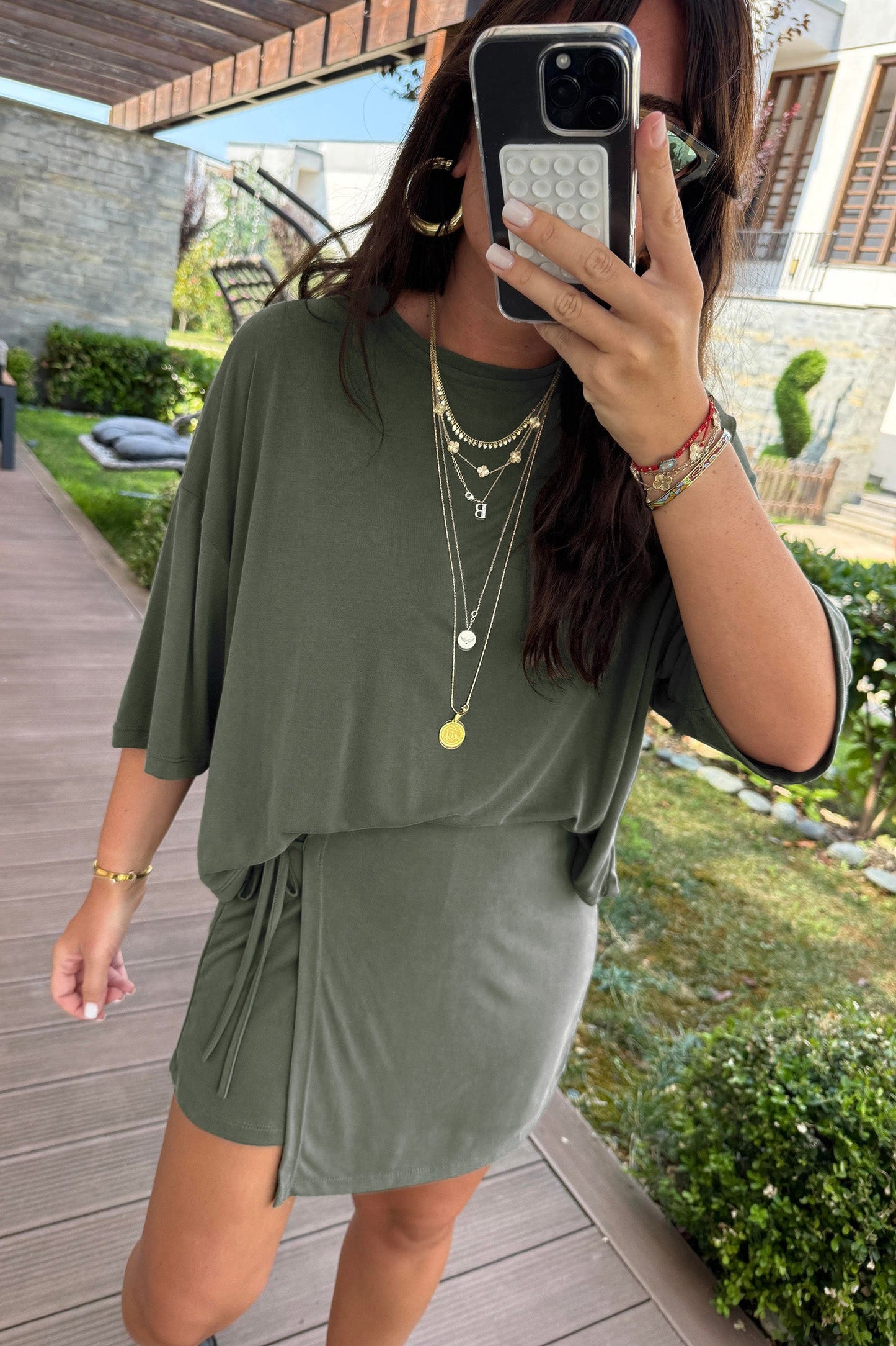 Laurel Green Oversized Tee Tie Wrap Mini Skort Set