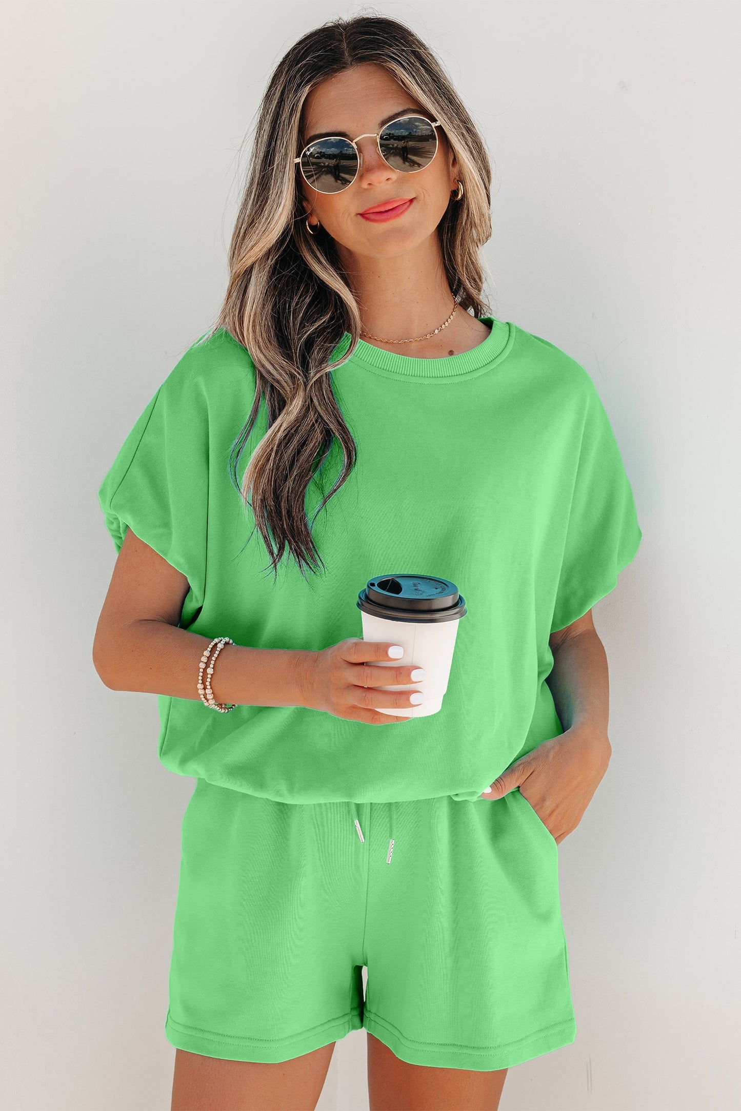Green Puffy Loose Top and Shorts Set