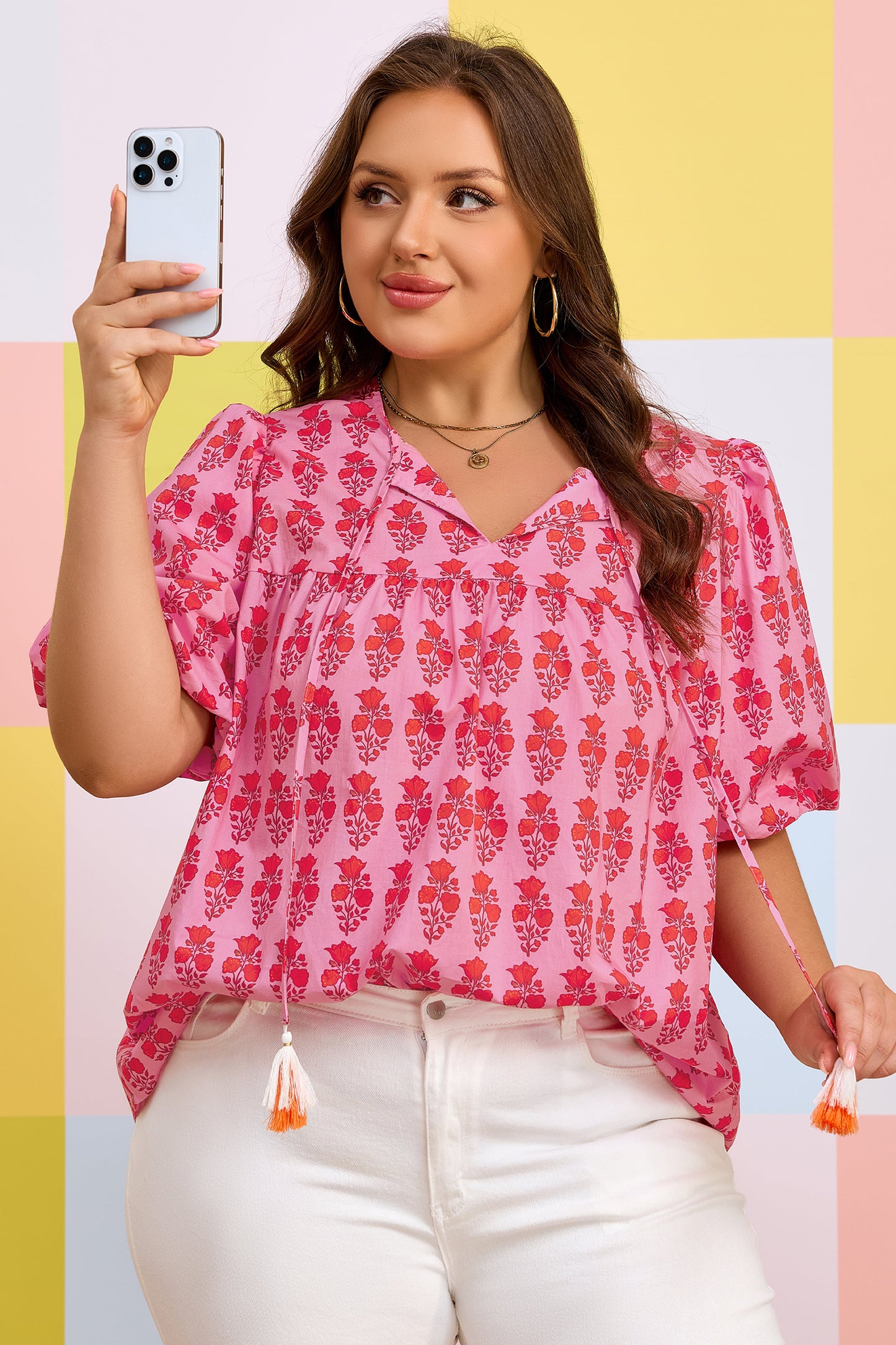 Floral Print Tassel Tie Puff Sleeve Blouse