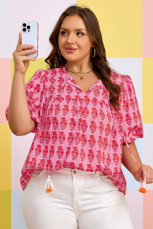 Floral Print Tassel Tie Puff Sleeve Blouse