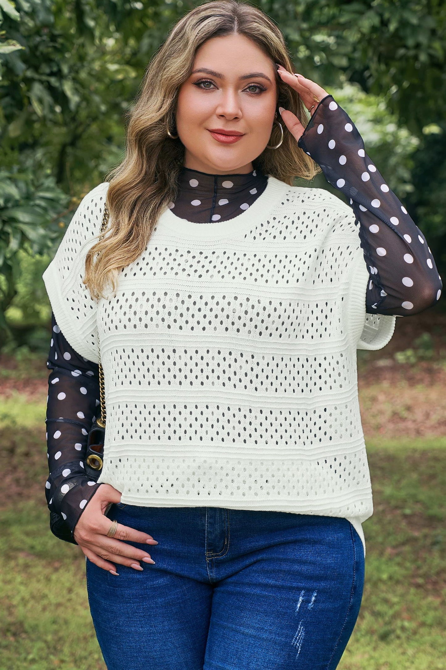 Eyelet Ribbed Trim Short Sleeve Dolman Sweater