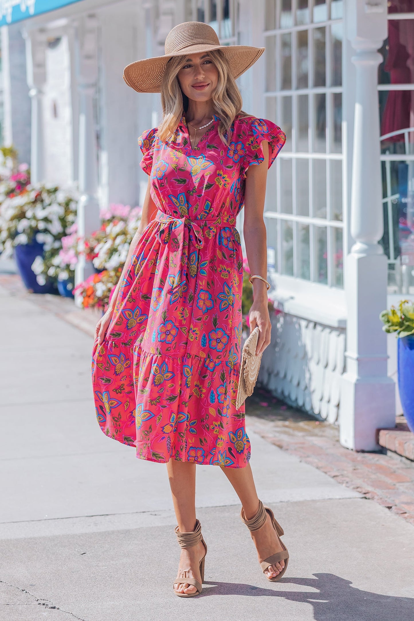 Rose Flutter Sleeve Belted Floral Dress