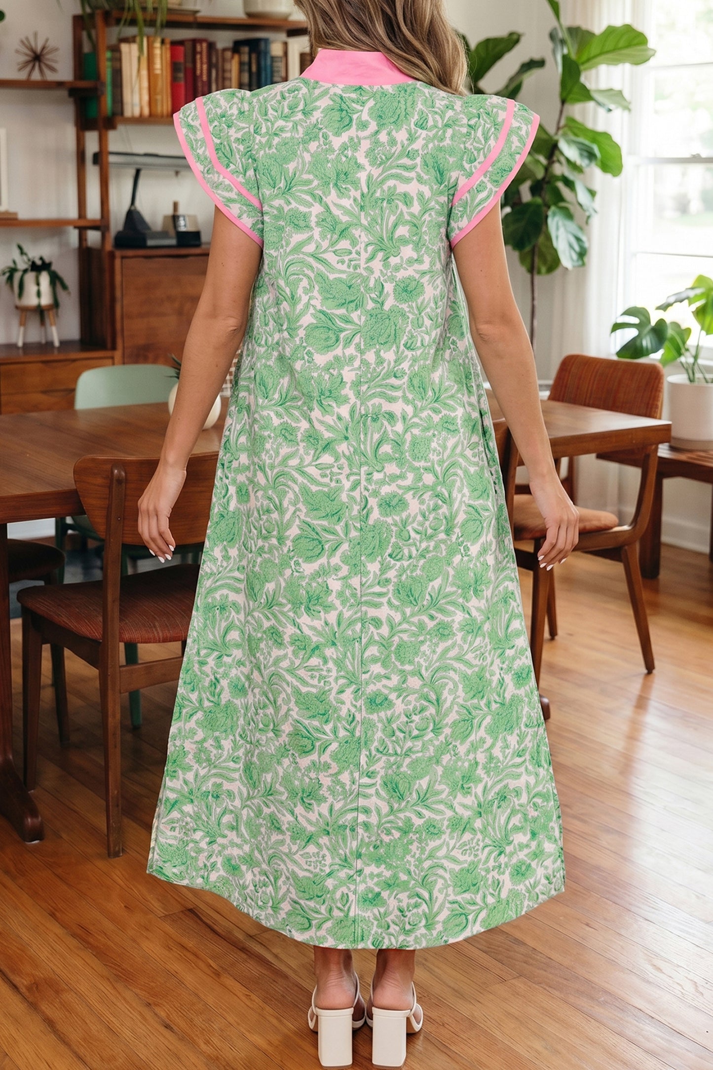 Patchwork V Neck Short Sleeve Midi Dress
