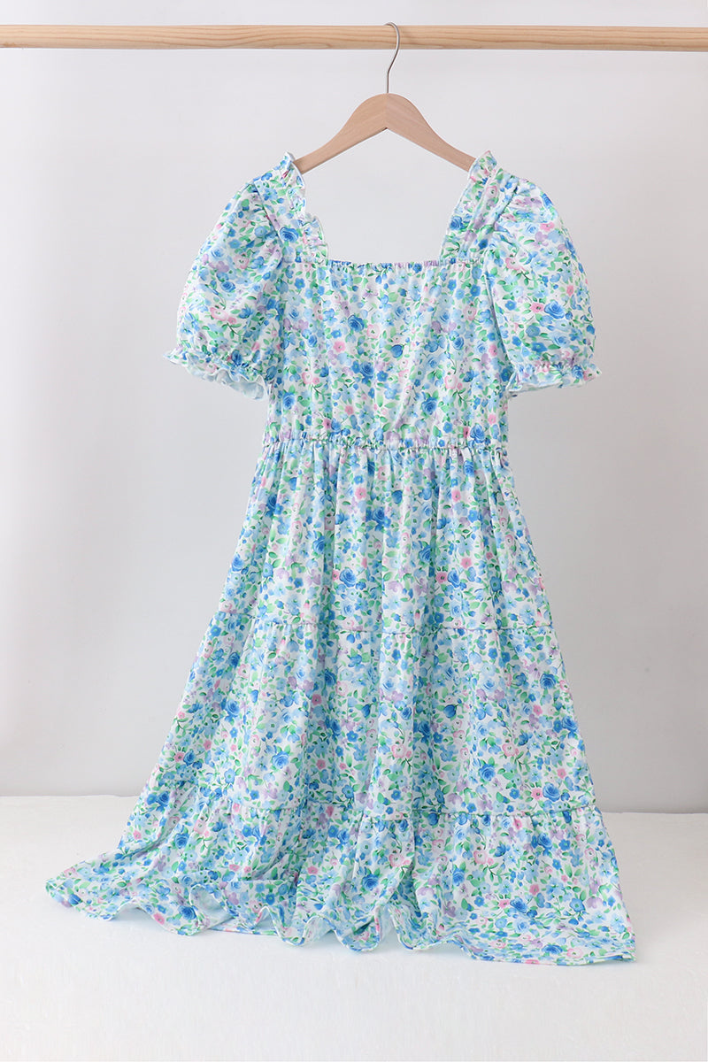 Blue Floral Tiered Dress