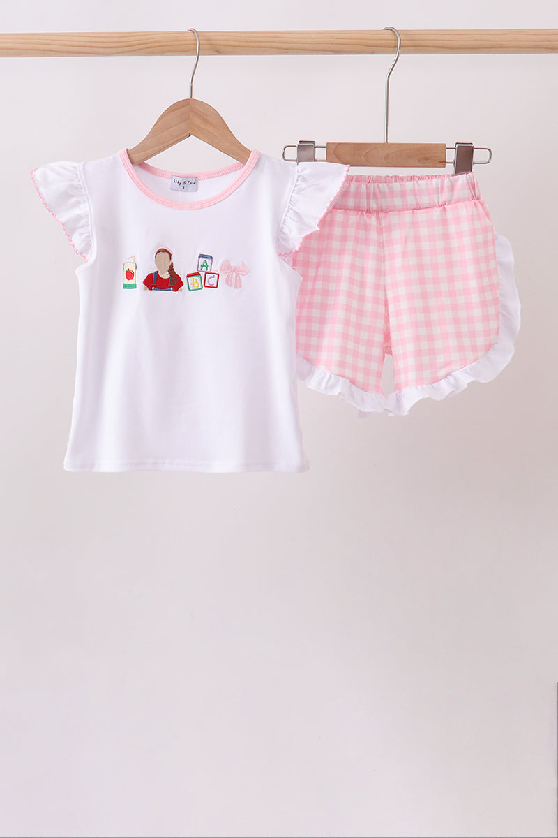 ABC embroidery gingham ruffle shorts set
