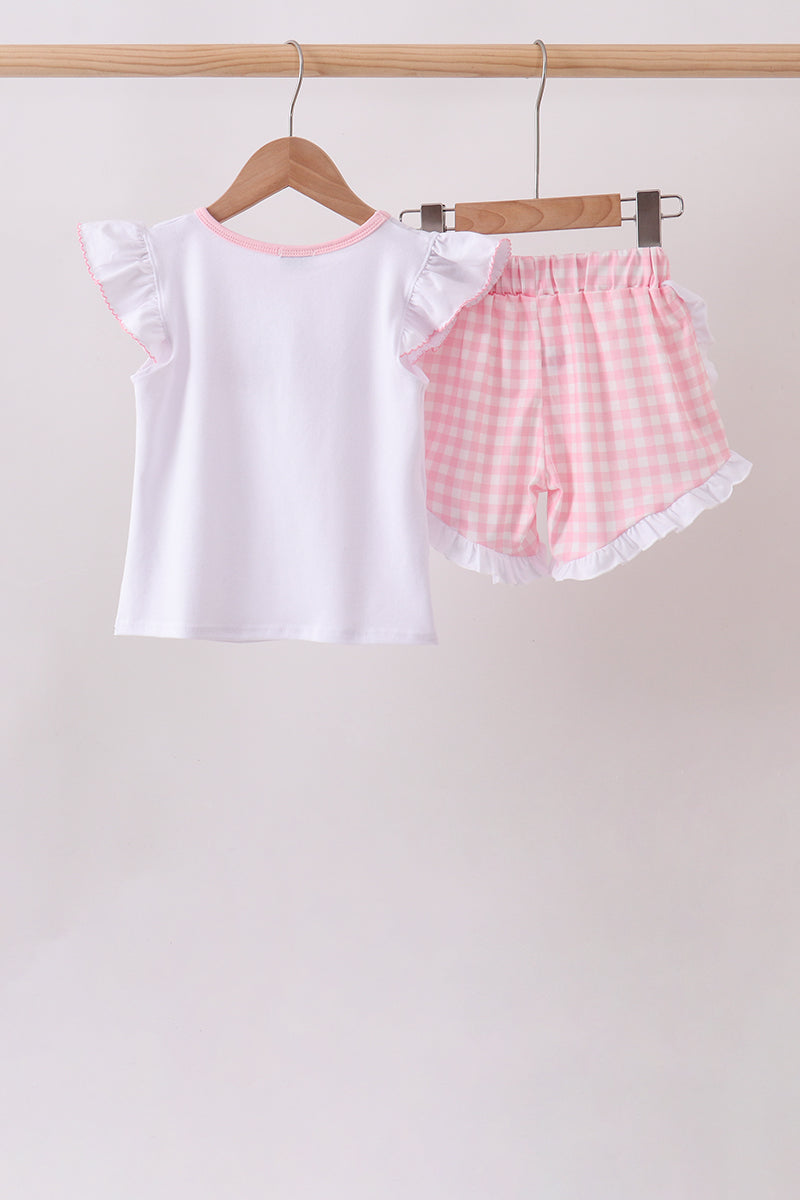 ABC embroidery gingham ruffle shorts set