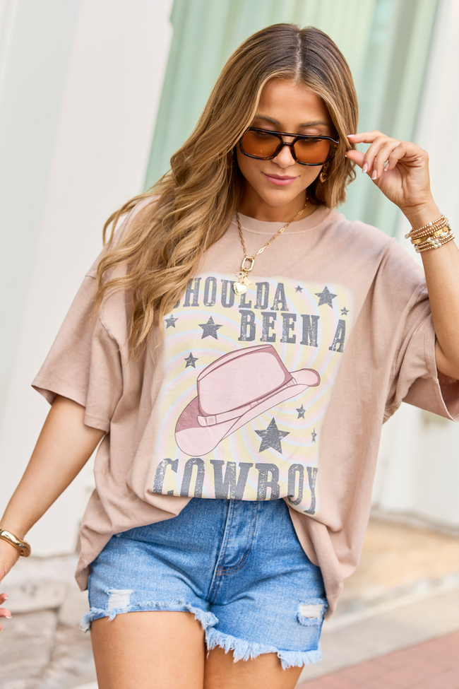 Shoulda Been A Cowboy Taupe Oversized Graphic Tee