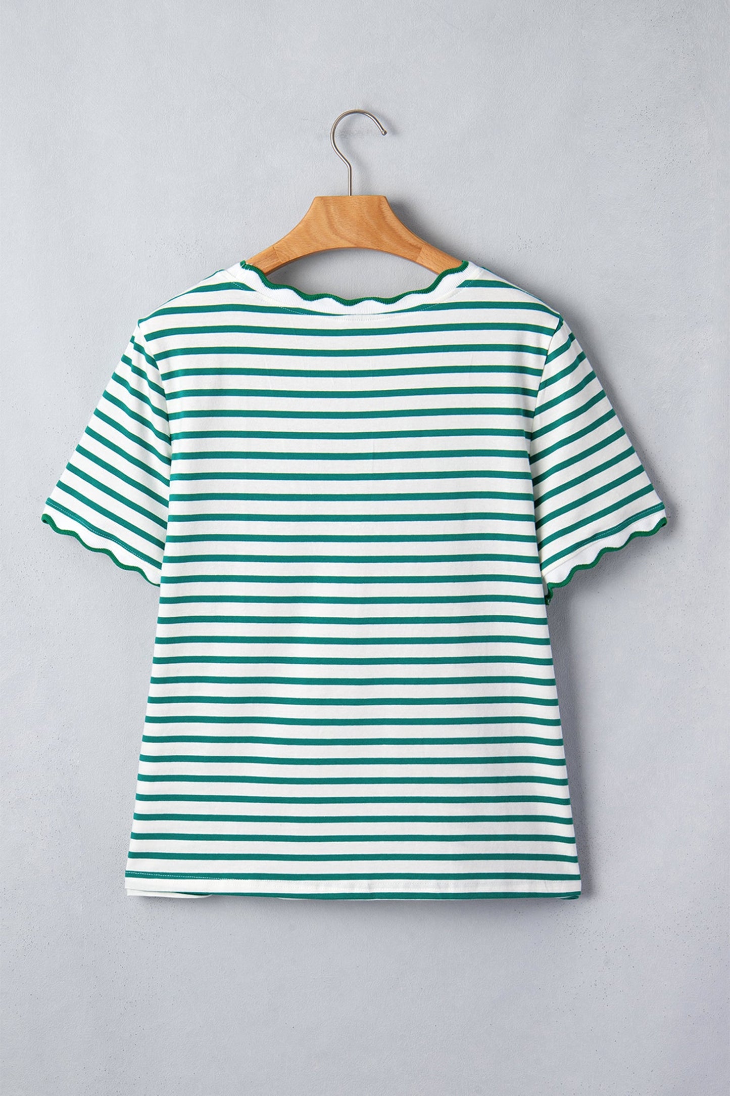 Green Stripe Scalloped Trim Round Neck T Shirt